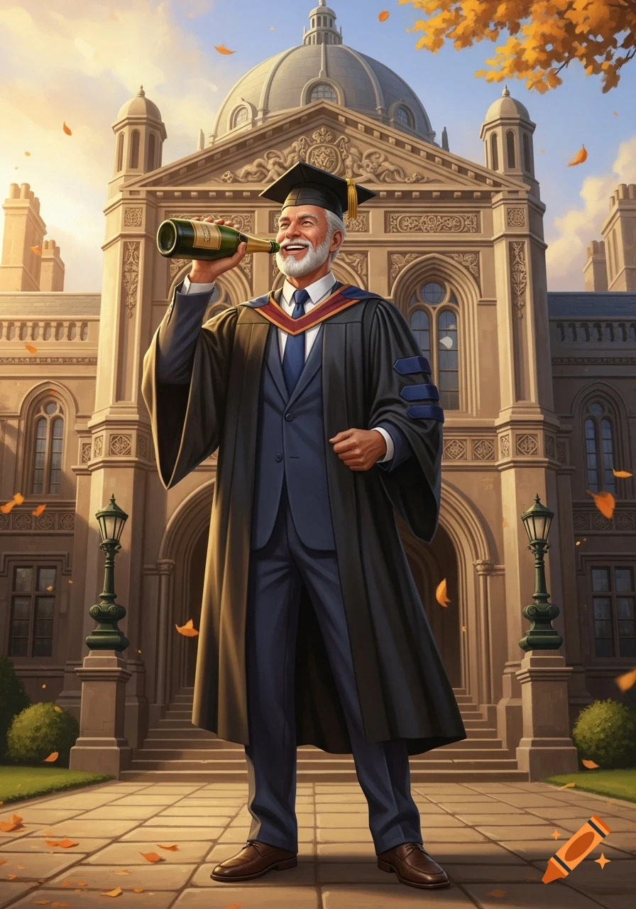 A smiling older man in a graduation gown and cap drinks champagne in front of a grand university building with autumn leaves.