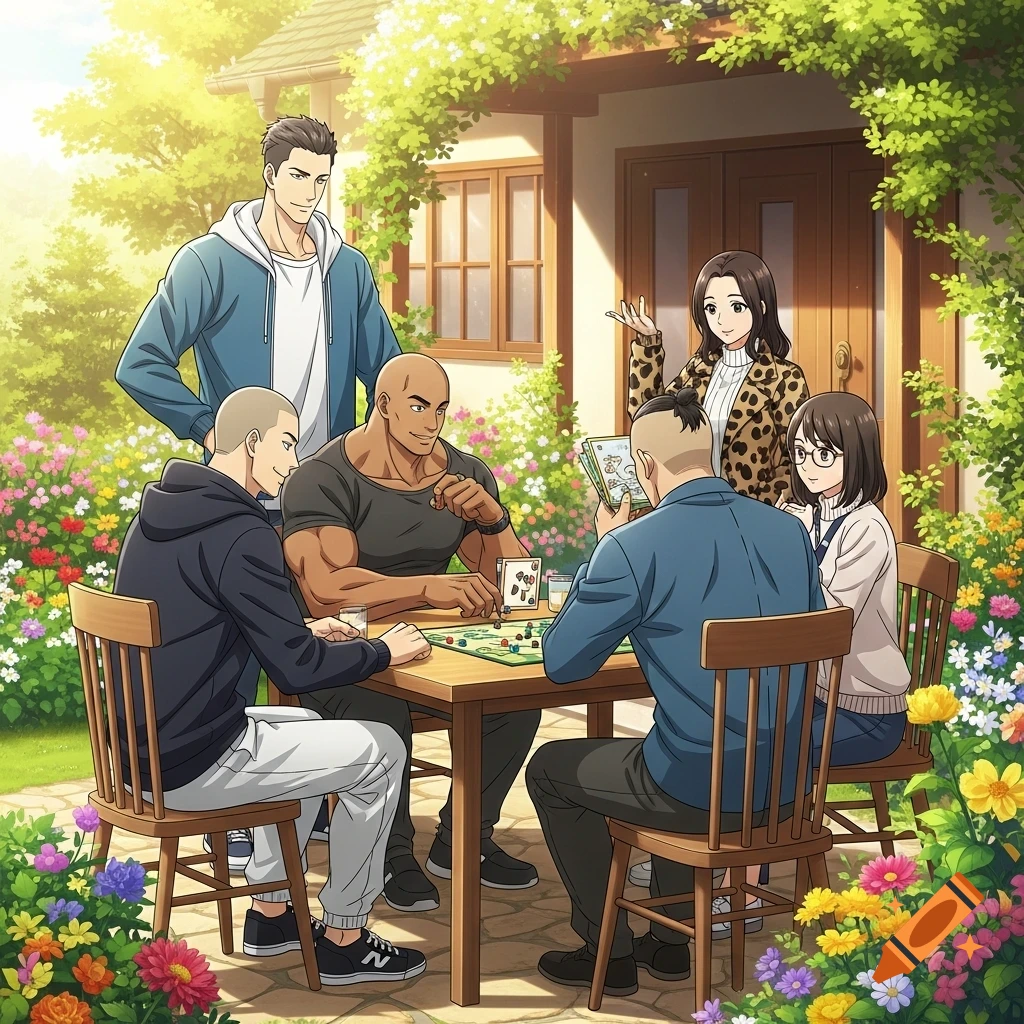 Five anime-style friends playing a board game at a wooden table in a sunny, flower-filled garden in front of a house.