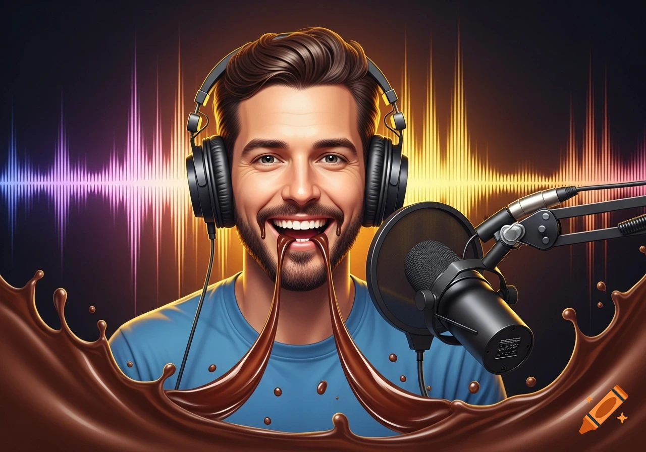 A smiling podcaster wearing headphones with chocolate syrup dripping from his mouth, against a backdrop of colorful sound waves.
