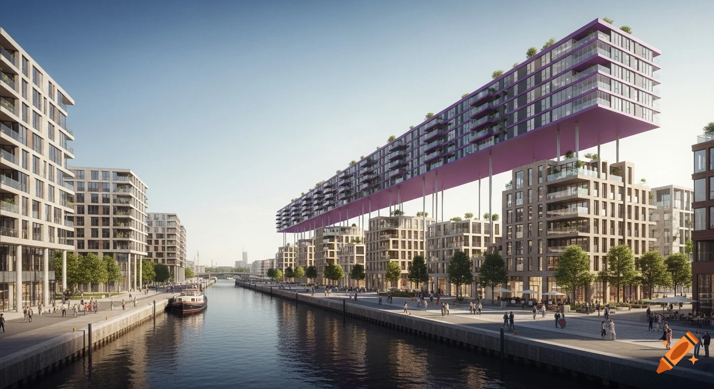 Photorealistic image of a modern harborfront development with a long, elevated purple building spanning over others along a canal with people and a boat.