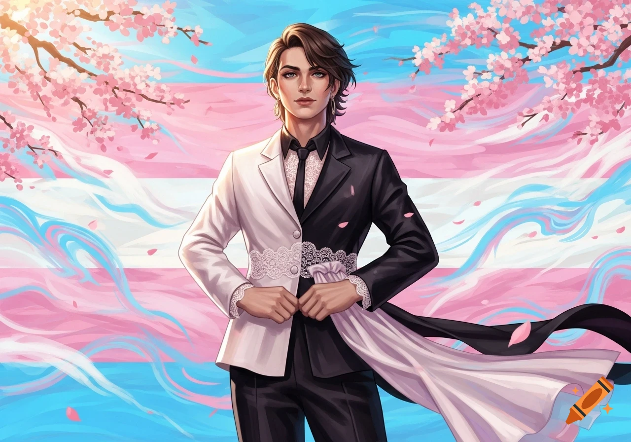 Digital art of a person in a split white and black suit with lace details, standing against a transgender flag background with pink cherry blossoms.