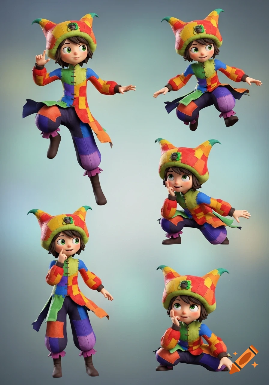 Five 3D rendered cartoon characters in colorful, patched harlequin costumes, each in a different pose, against a light gray background.