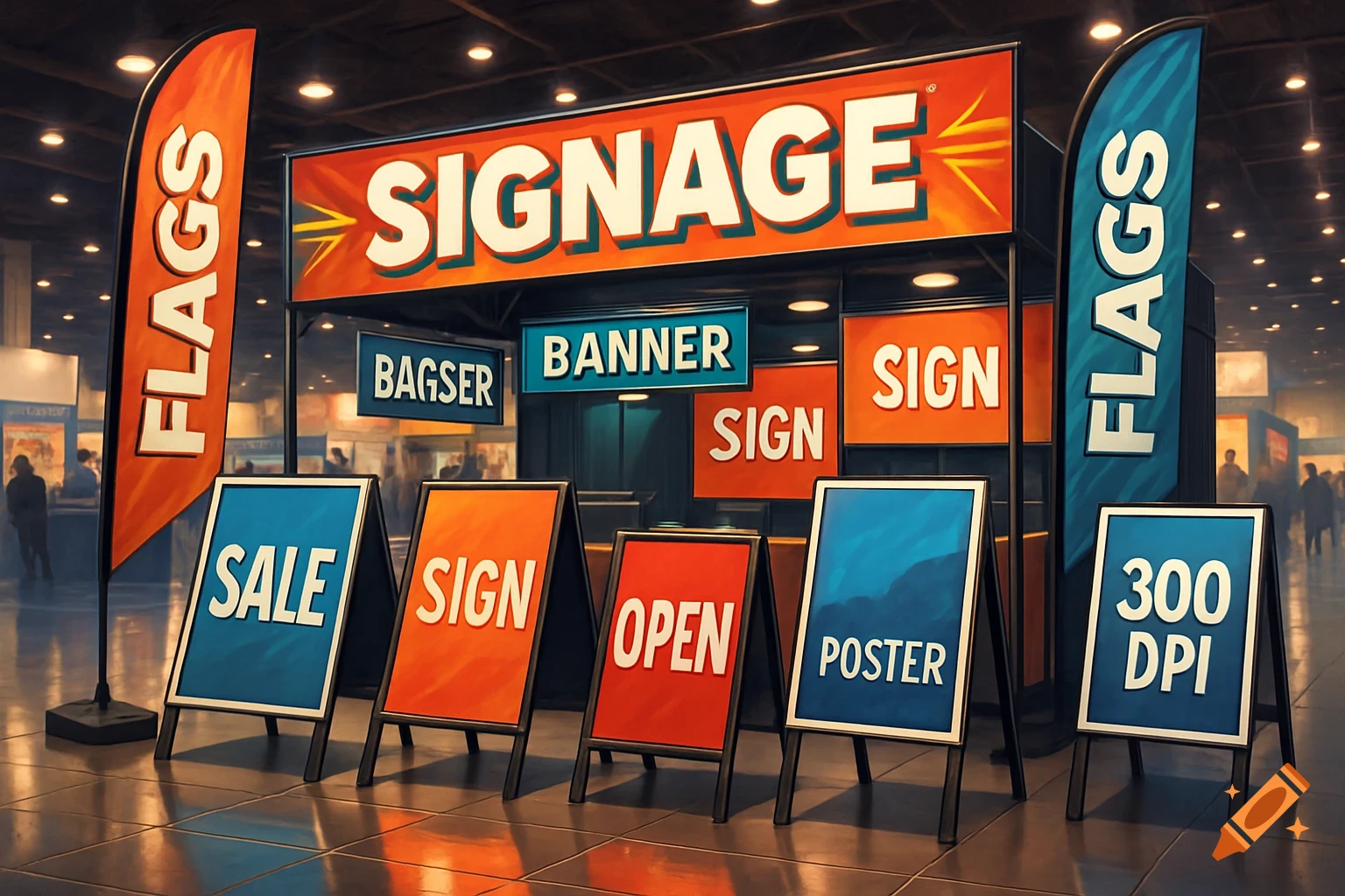 A trade show booth displaying various promotional signs, including large banners, feather flags, and A-frame signs on a reflective floor.