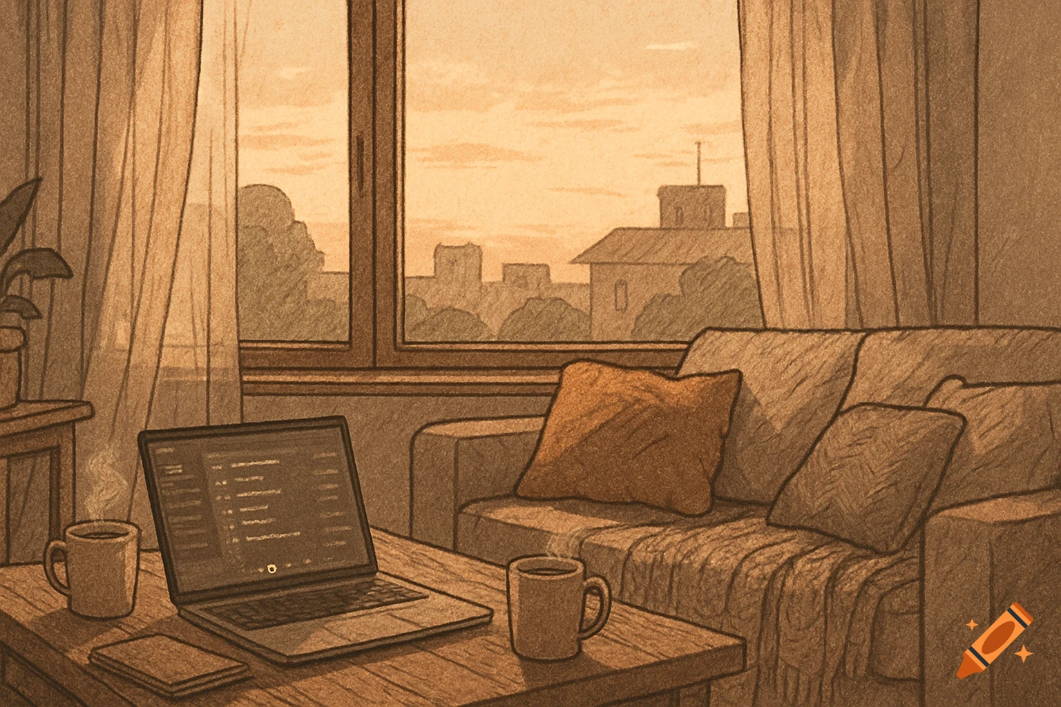 Lofi illustration of a cozy room with a laptop, coffee, and a couch by a window with a sunset city view.