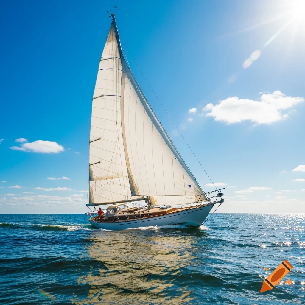 A sailboat with white sails navigates choppy blue water under a bright sunny sky with a few clouds.