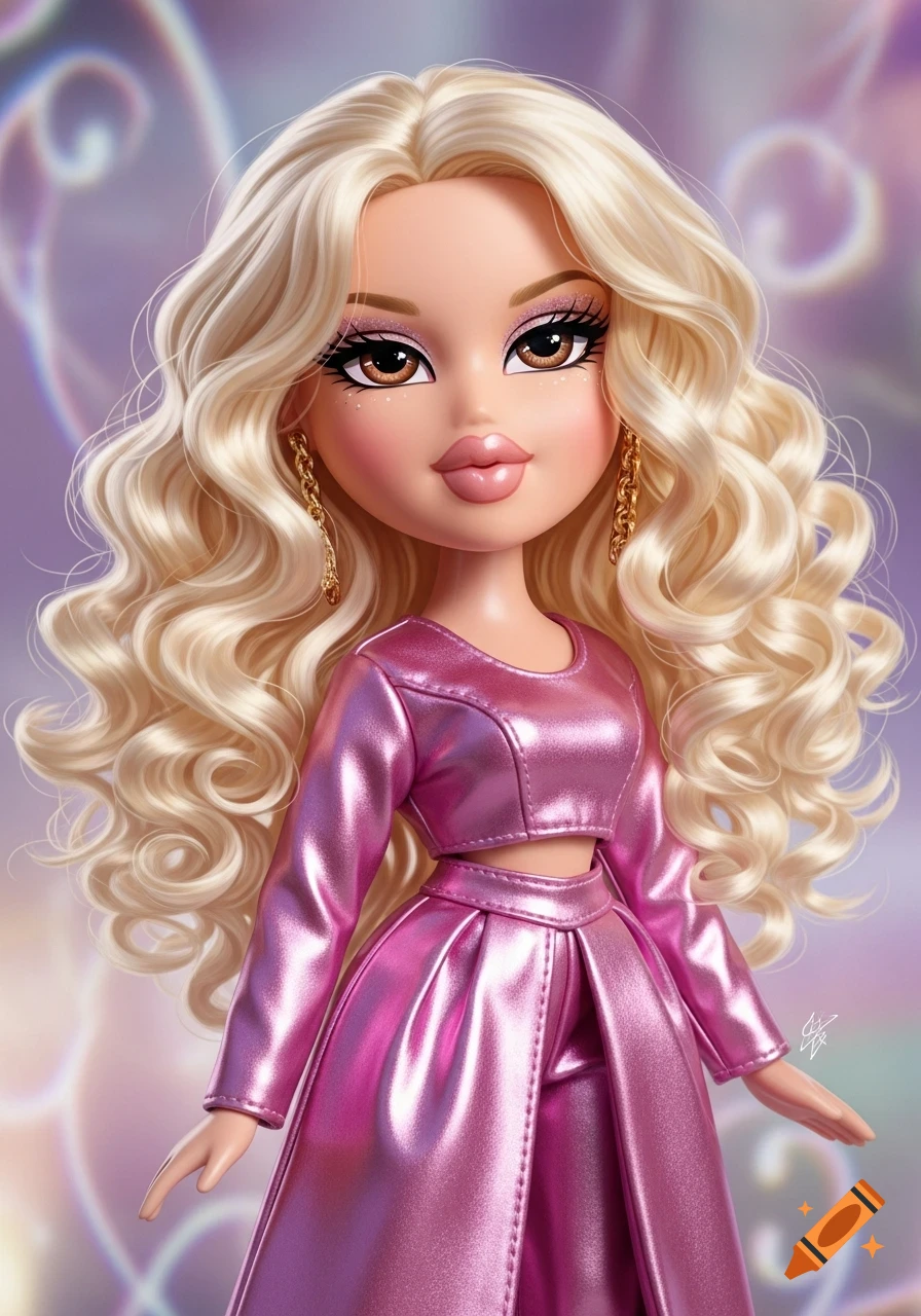Blonde Bratz doll with brown eyes in a shimmering pink outfit, standing against a glowing purple background, digital art.