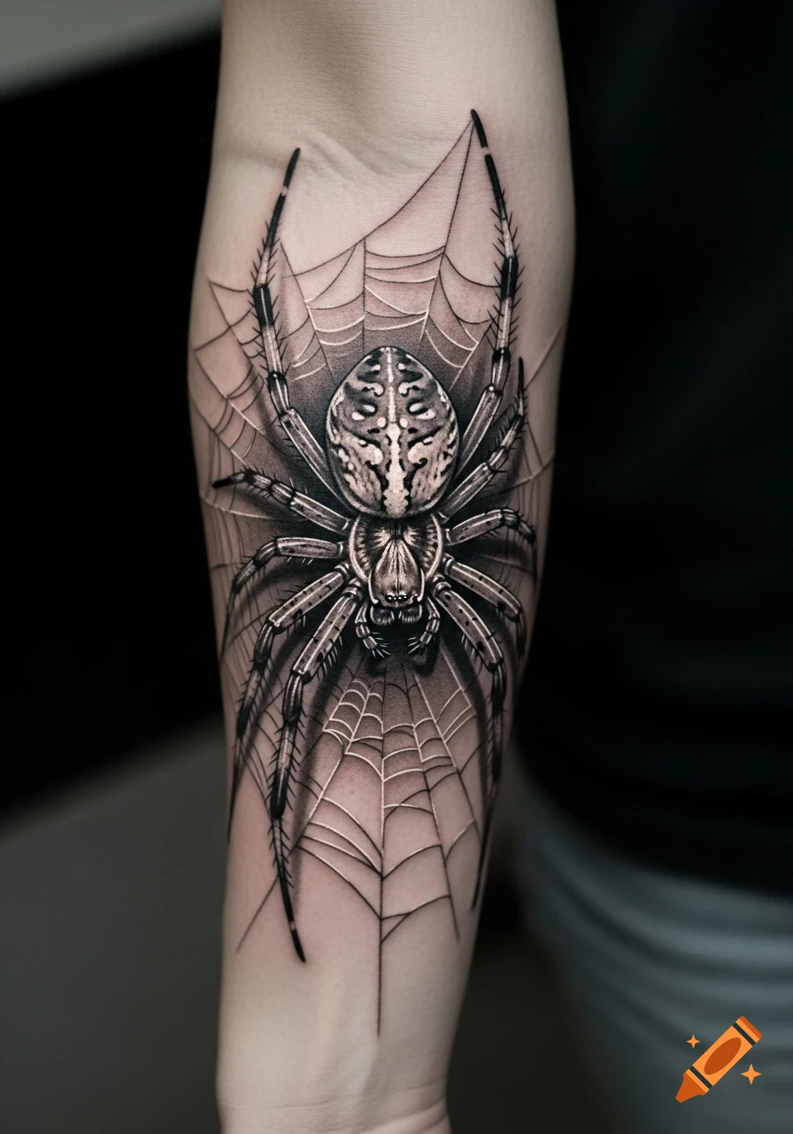 A detailed black and white spider and web tattoo on a person's forearm.
