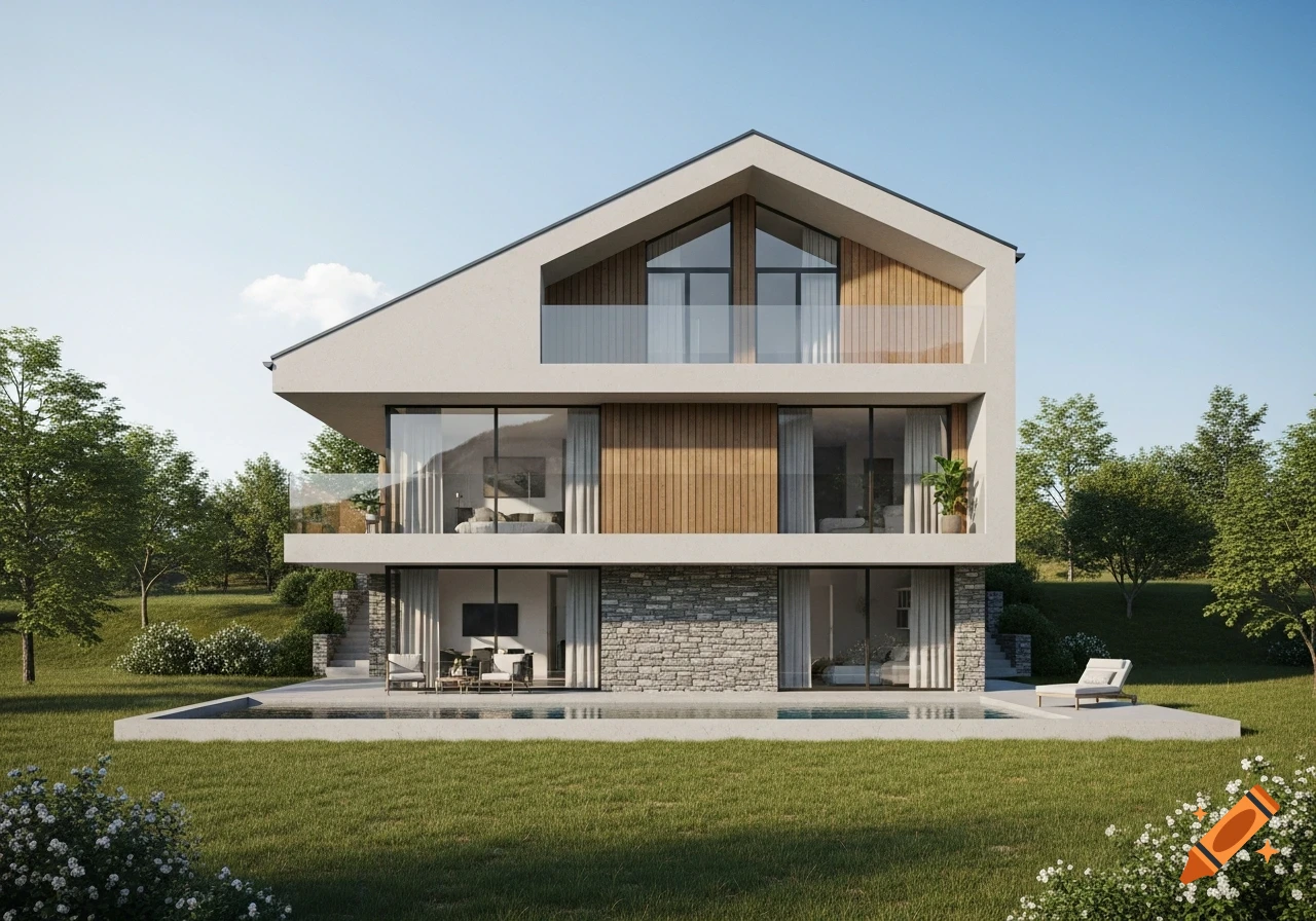 Photorealistic rendering of a modern three-story villa with a sloped roof, glass windows, concrete, wood facade, pool, and green lawn.