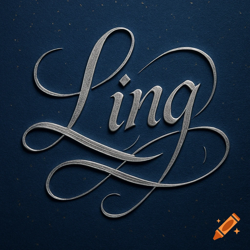Ornate silver calligraphic text spelling 'Ling' on a textured dark blue background with gold specks.