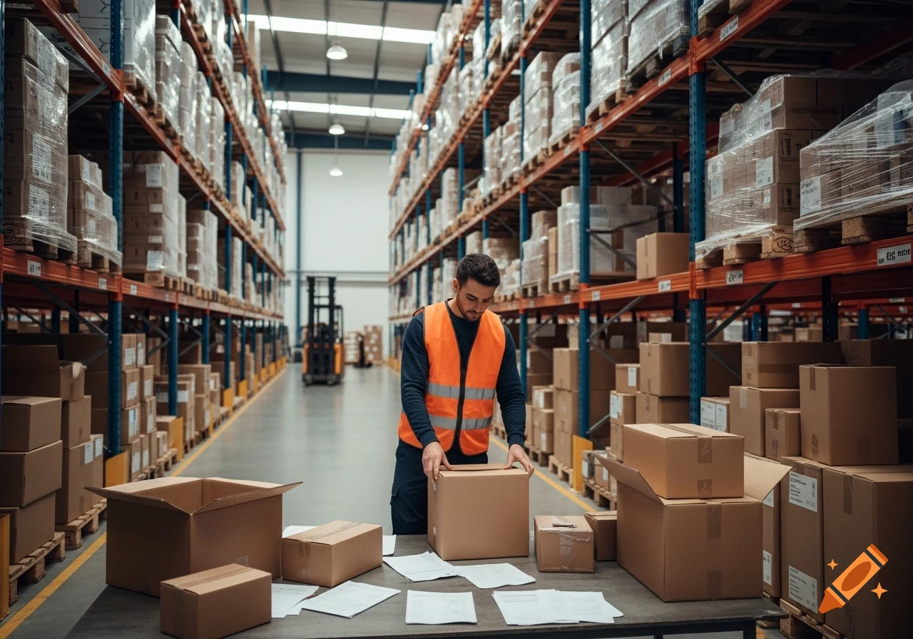A man in an orange safety vest prepares packages on a table in a vast warehouse filled with shelves of boxed goods.