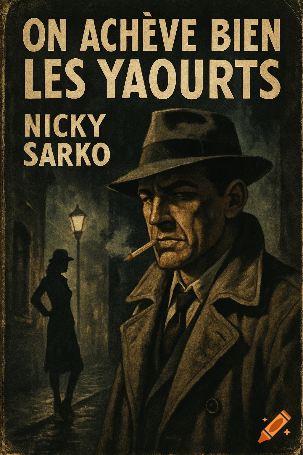 Vintage pulp fiction book cover featuring a man in a fedora smoking, a silhouetted woman on a dark street, with title 'ON ACHÈVE BIEN LES YAOURTS' by 'NICKY SARKO'.