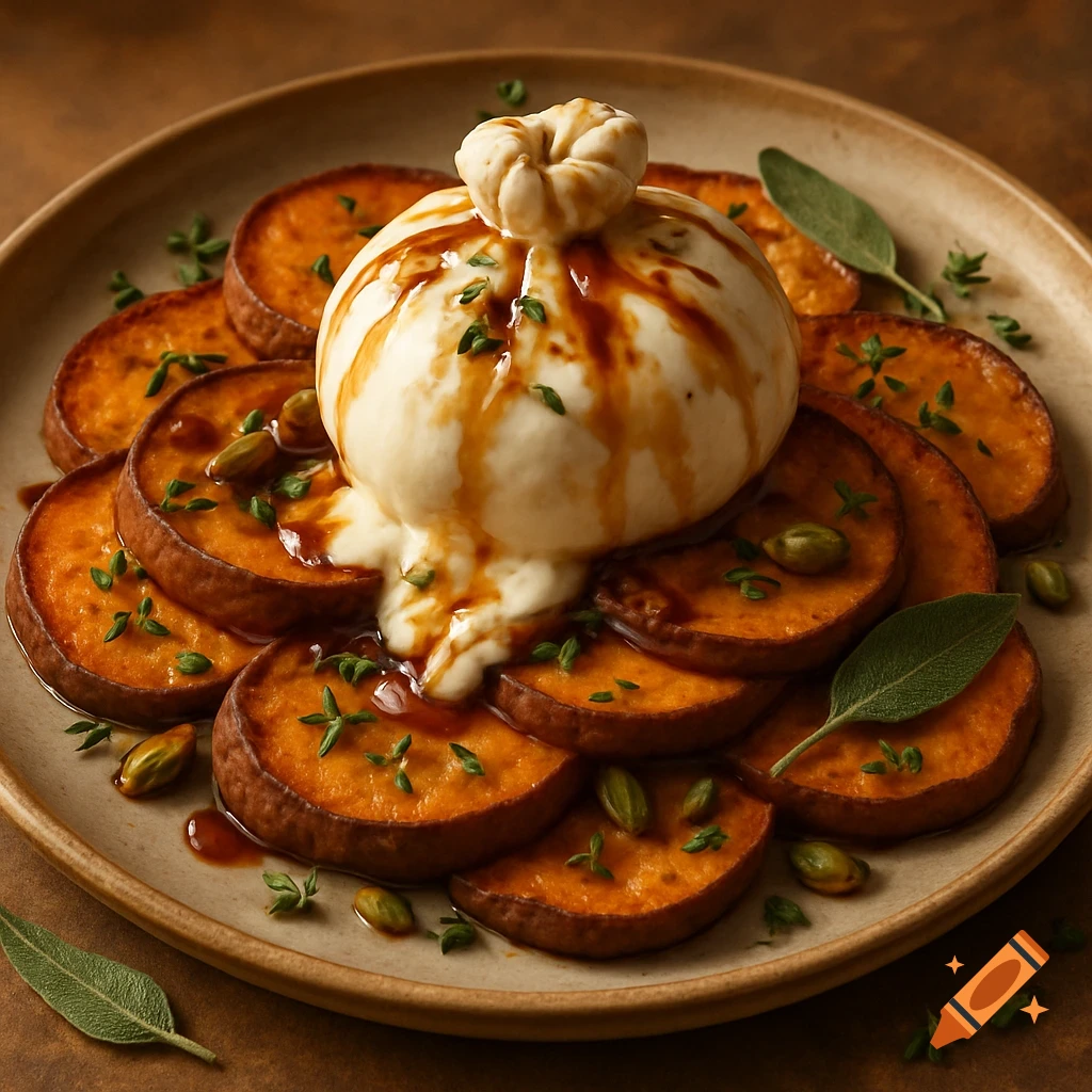 A close-up of burrata cheese drizzled with a dark sauce, surrounded by roasted sweet potato slices, herbs, and pistachios on a light brown plate.