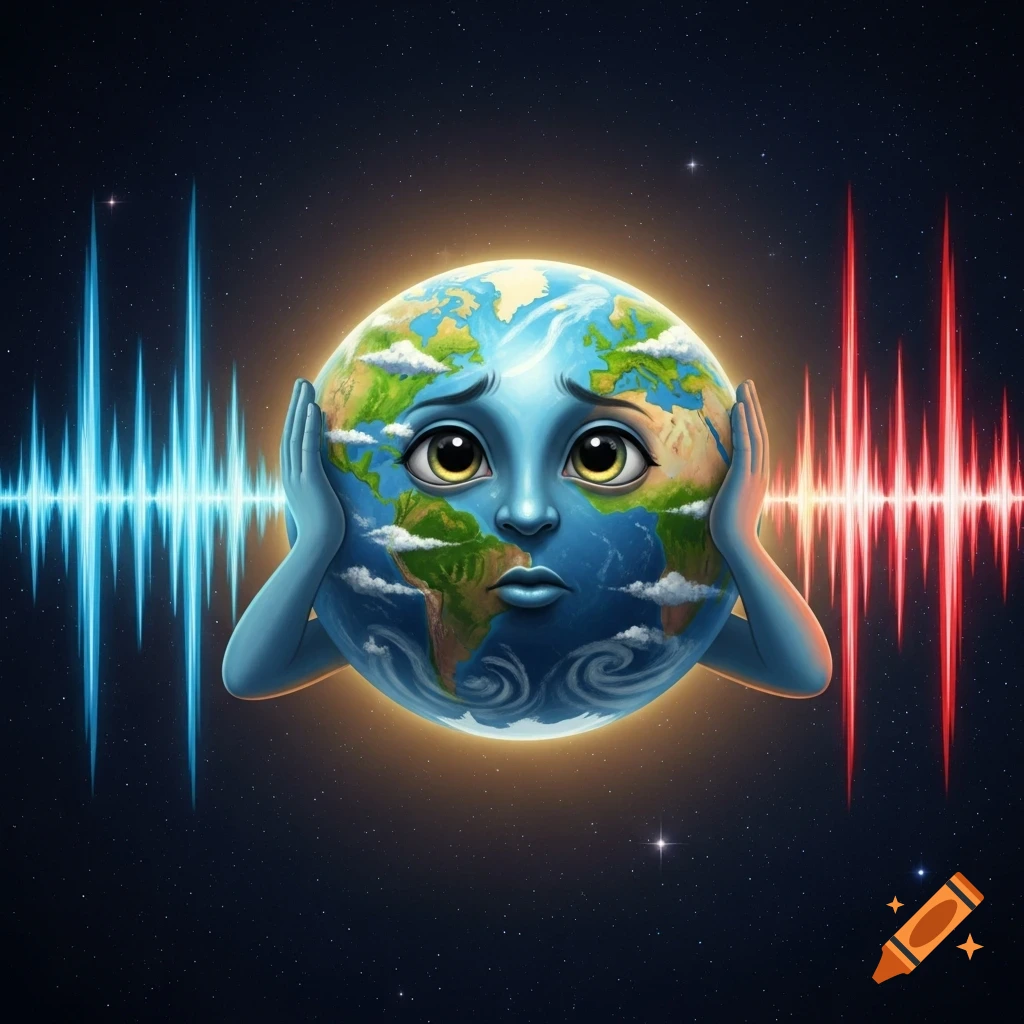 Cartoon Earth character with a sad face and blue arms, covering its ears from loud red and blue sound waves in outer space.