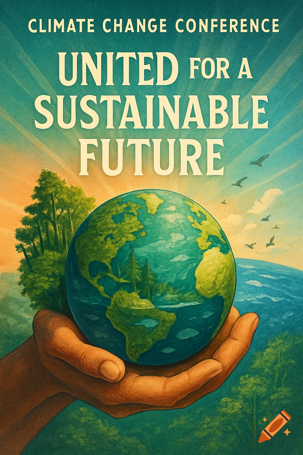 A stylized poster showing a hand holding a globe with forests and water, under the text 'CLIMATE CHANGE CONFERENCE UNITED FOR A SUSTAINABLE FUTURE'.
