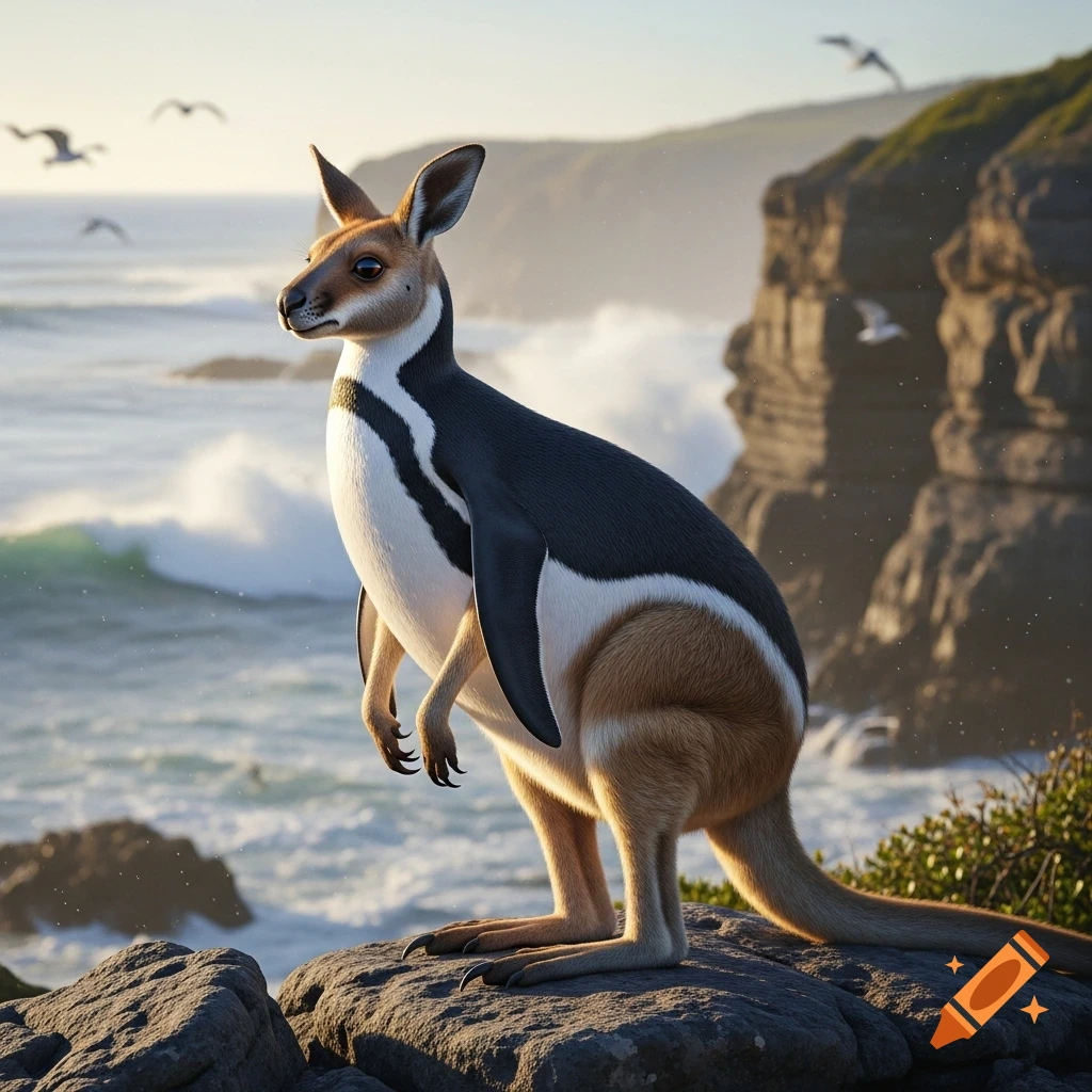 A photorealistic pengourou (kangaroo-penguin hybrid) with brown fur and black and white feathers stands on coastal rocks overlooking the ocean.