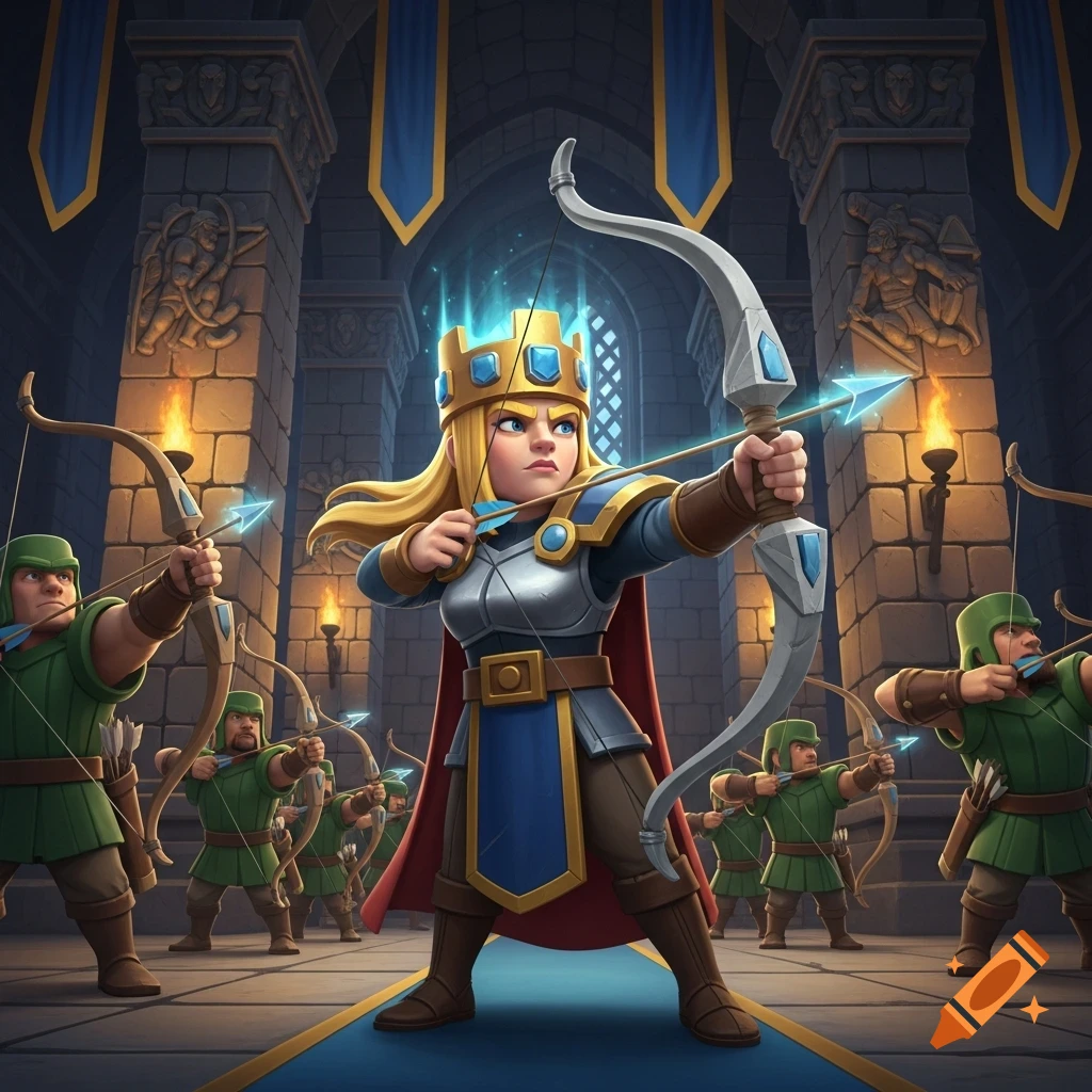 A stylized Archer Queen stands in a castle, aiming a glowing bow and arrow, flanked by other archers ready for battle.