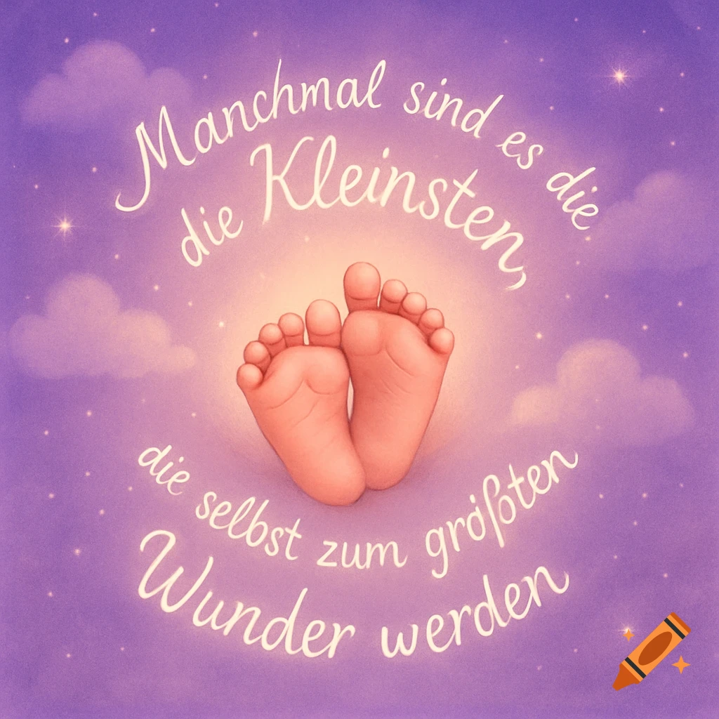 Illustration of baby feet against a purple, starry sky with clouds, encircled by the German quote: Manchmal sind es die Kleinsten, die selbst zum größten Wunder werden.