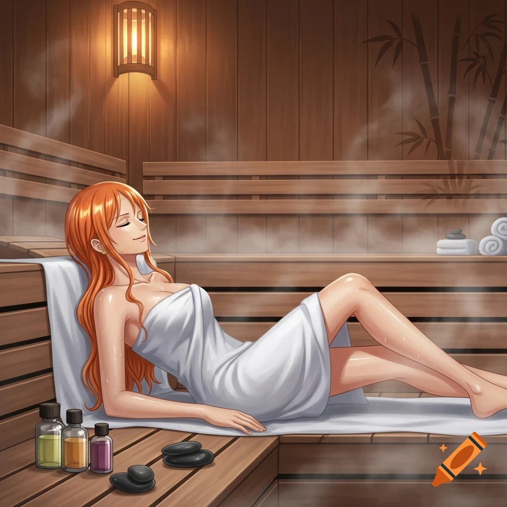 Nami from One Piece relaxing in a sauna, wrapped in a white towel, in an anime art style.