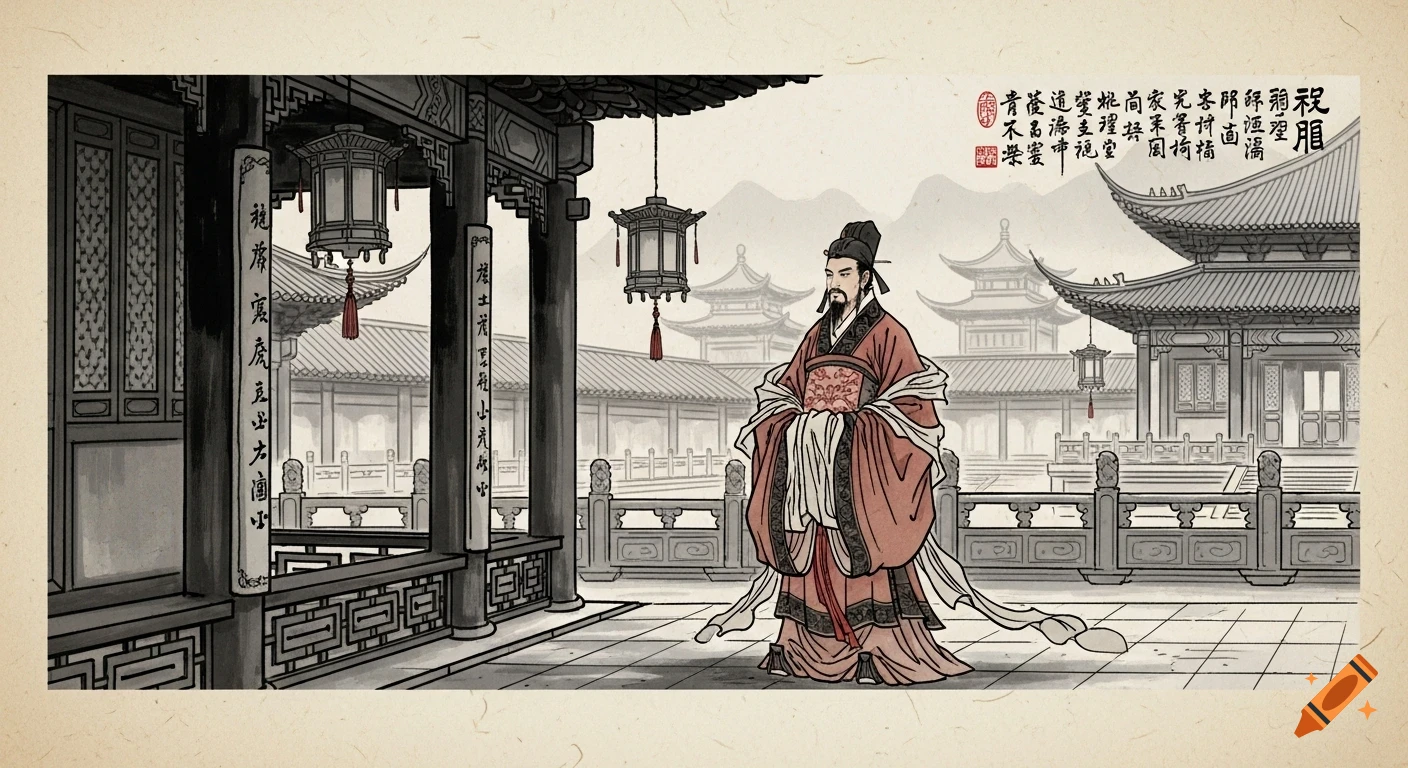A dignified man in ancient Chinese robes stands in a palace courtyard, rendered in traditional ink painting style.