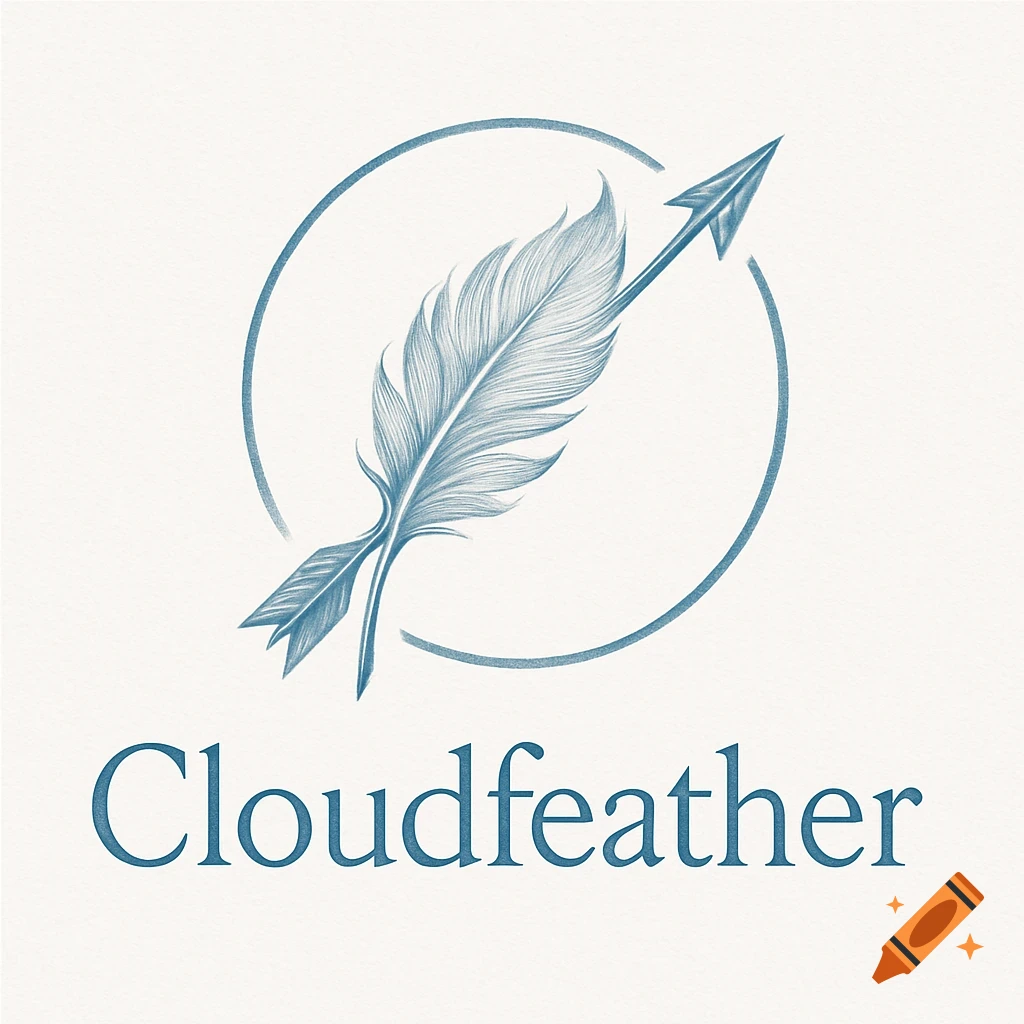 A stylized blue feather and arrow within a circle, with the text "Cloudfeather" below, on a textured light background.