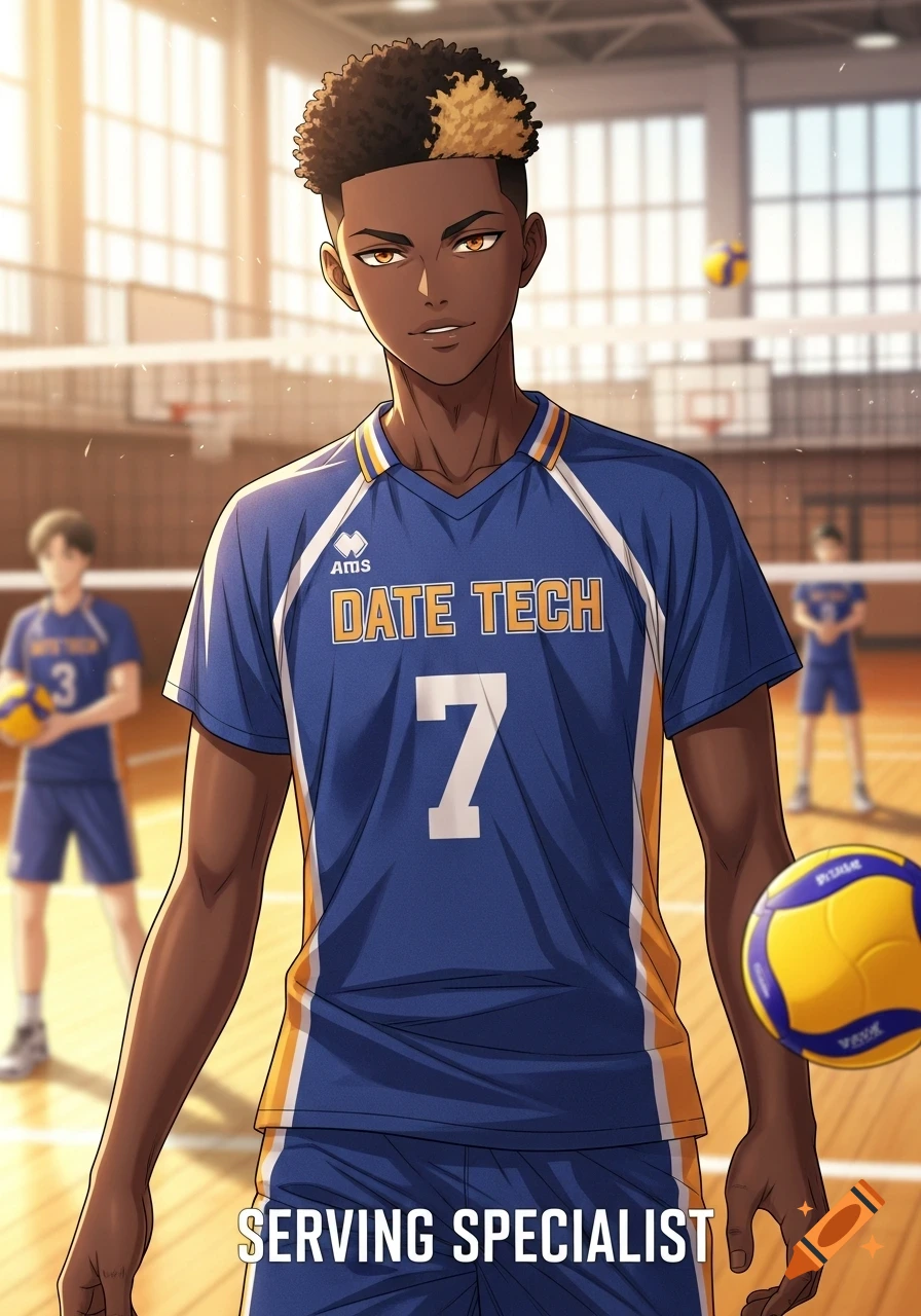 An anime-style Black male volleyball player wearing a blue 'DATE TECH' jersey with number 7, holding a volleyball in a gym.