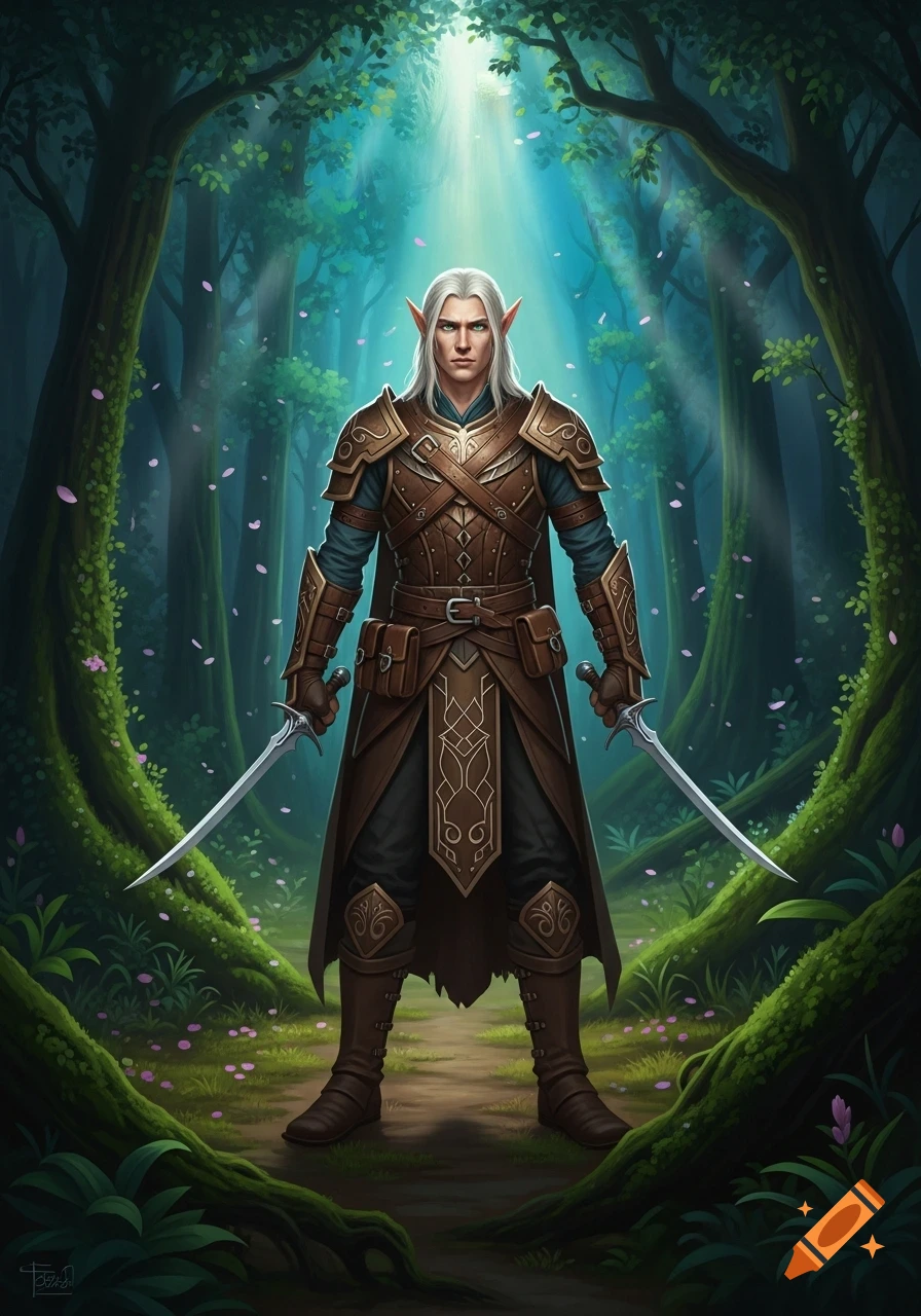 A detailed fantasy illustration of a white-haired wood elf warrior in brown leather armor, holding two daggers in a sun-dappled forest.