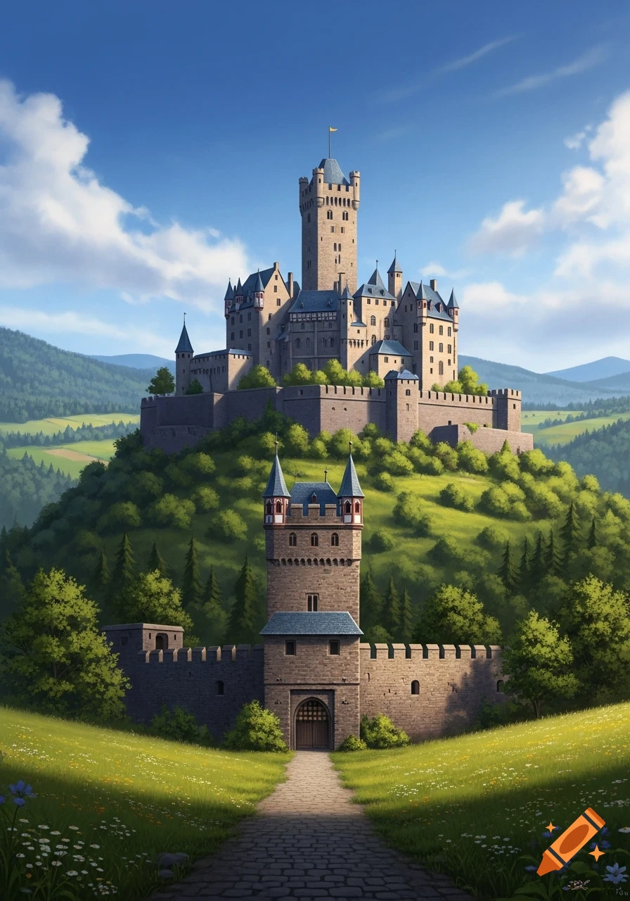 A stylized illustration of a grand medieval castle with multiple towers ...