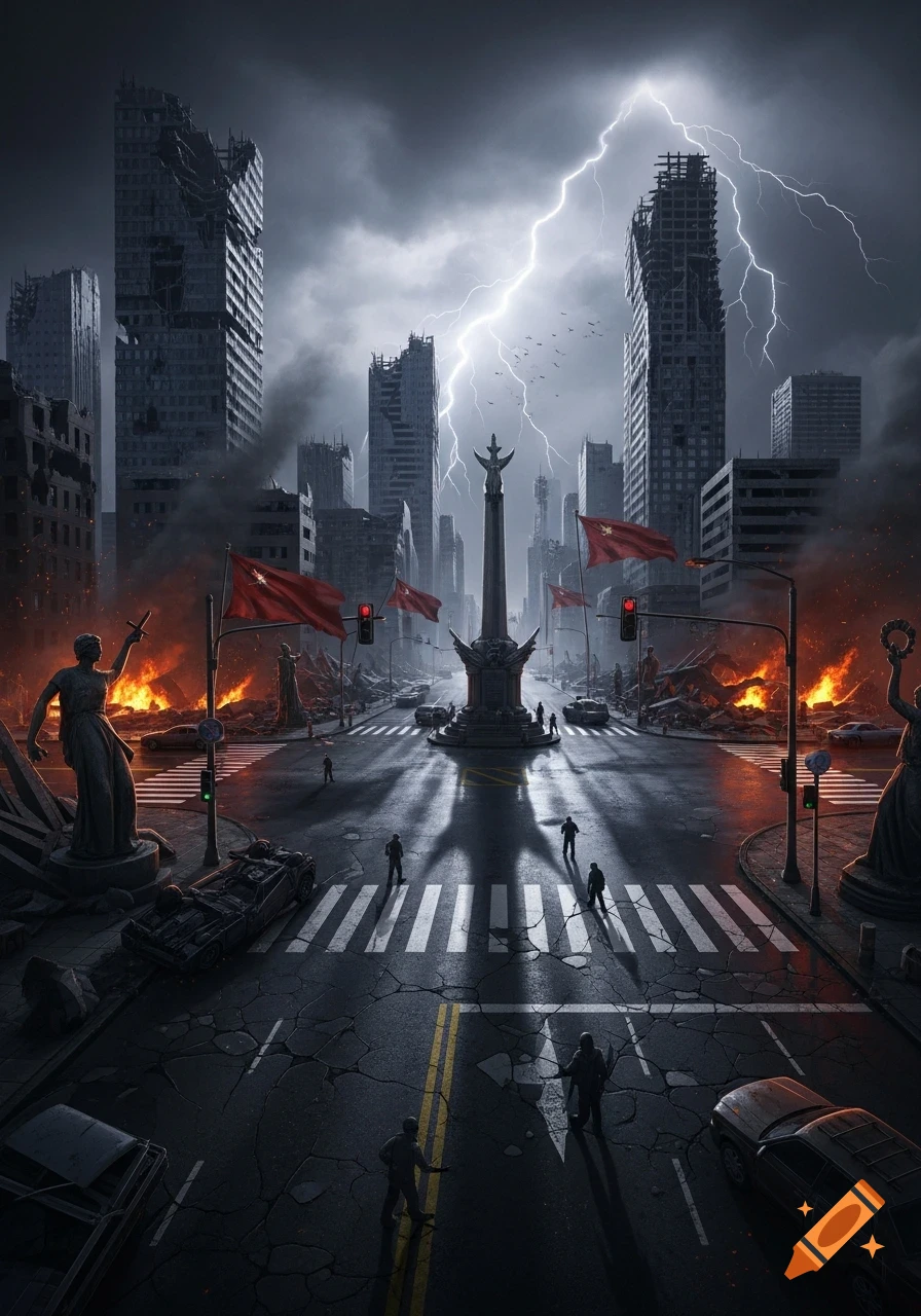 A dark, post-apocalyptic city street with ruined skyscrapers, fires, statues, flags, and lightning illuminating a stormy sky.