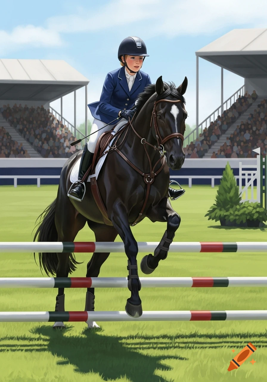 A young rider in a blue jacket on a black horse jumping a red and white barrier in an equestrian competition, with spectators in the background.