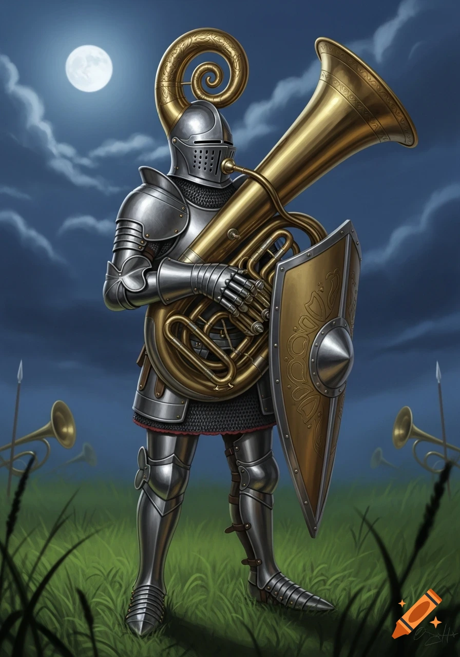 A knight in ornate silver armor stands in a moonlit field, holding a brass tuba that forms a shield and helmet, in a detailed illustration.