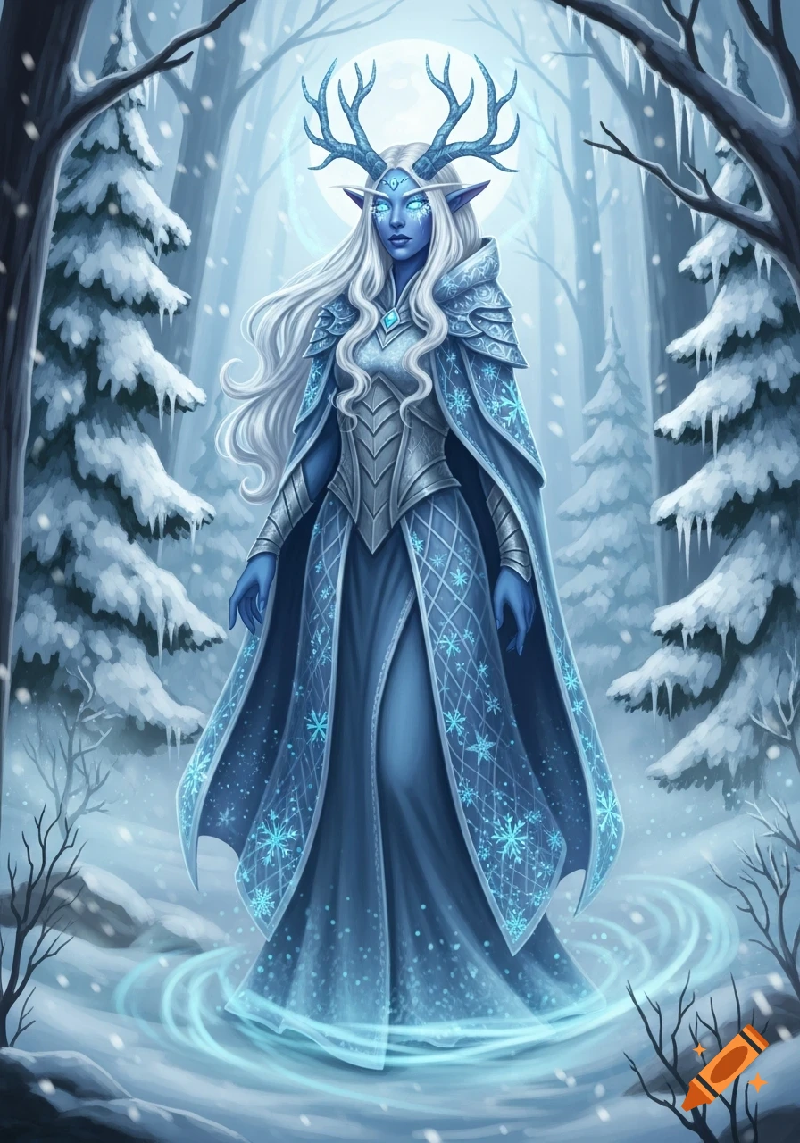 A blue-skinned elven druid with white hair and antlers stands in a snowy winter forest, wearing ornate armor and a snowflake-patterned cape.