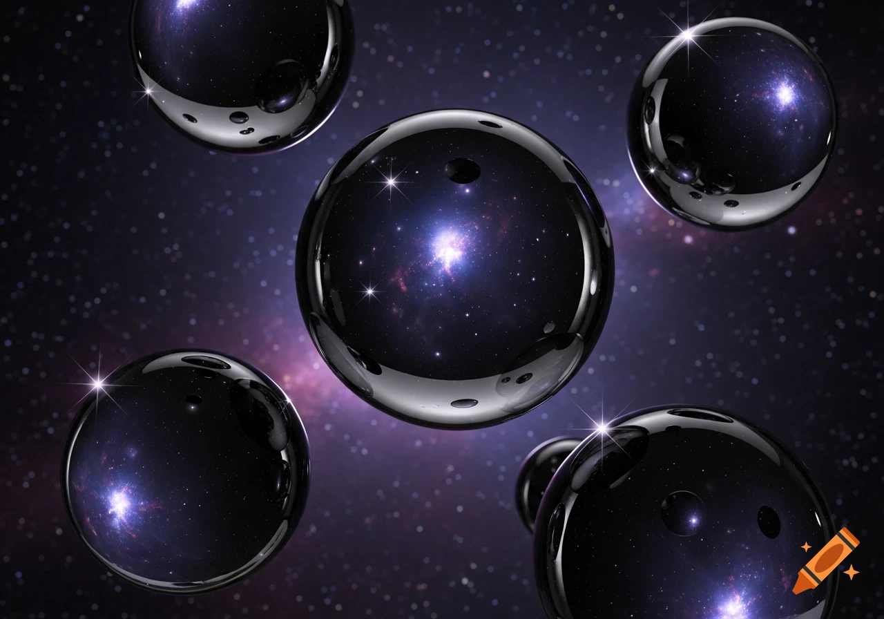 Multiple shiny black spheres reflecting a vibrant galaxy, set against a star-filled cosmic background.