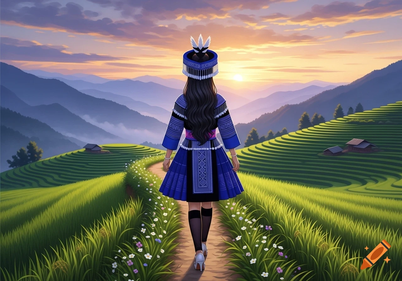 A woman in a blue Hmong traditional dress and headdress walks a path through green rice terraces at sunset, viewed from behind.