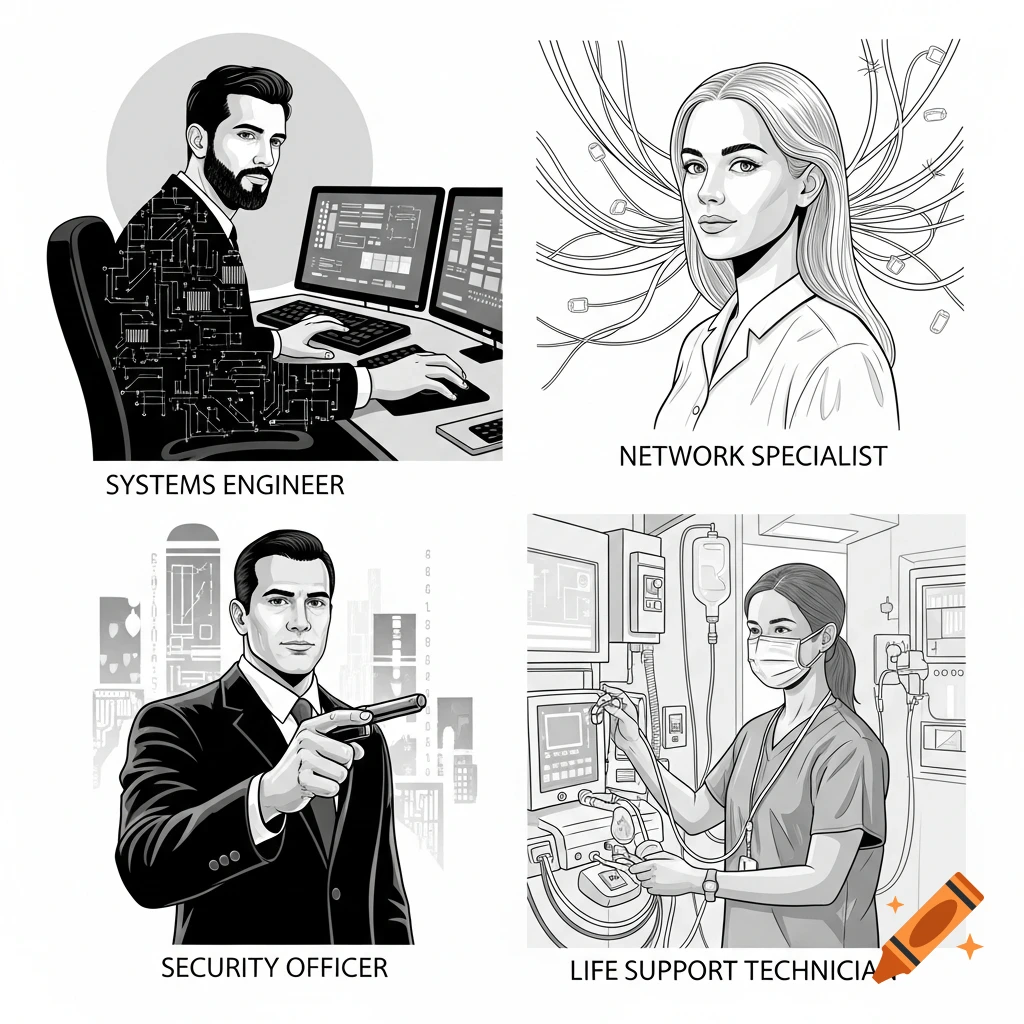 Four black and white illustrations of people in different professions: a systems engineer, a network specialist, a security officer, and a life support technician.