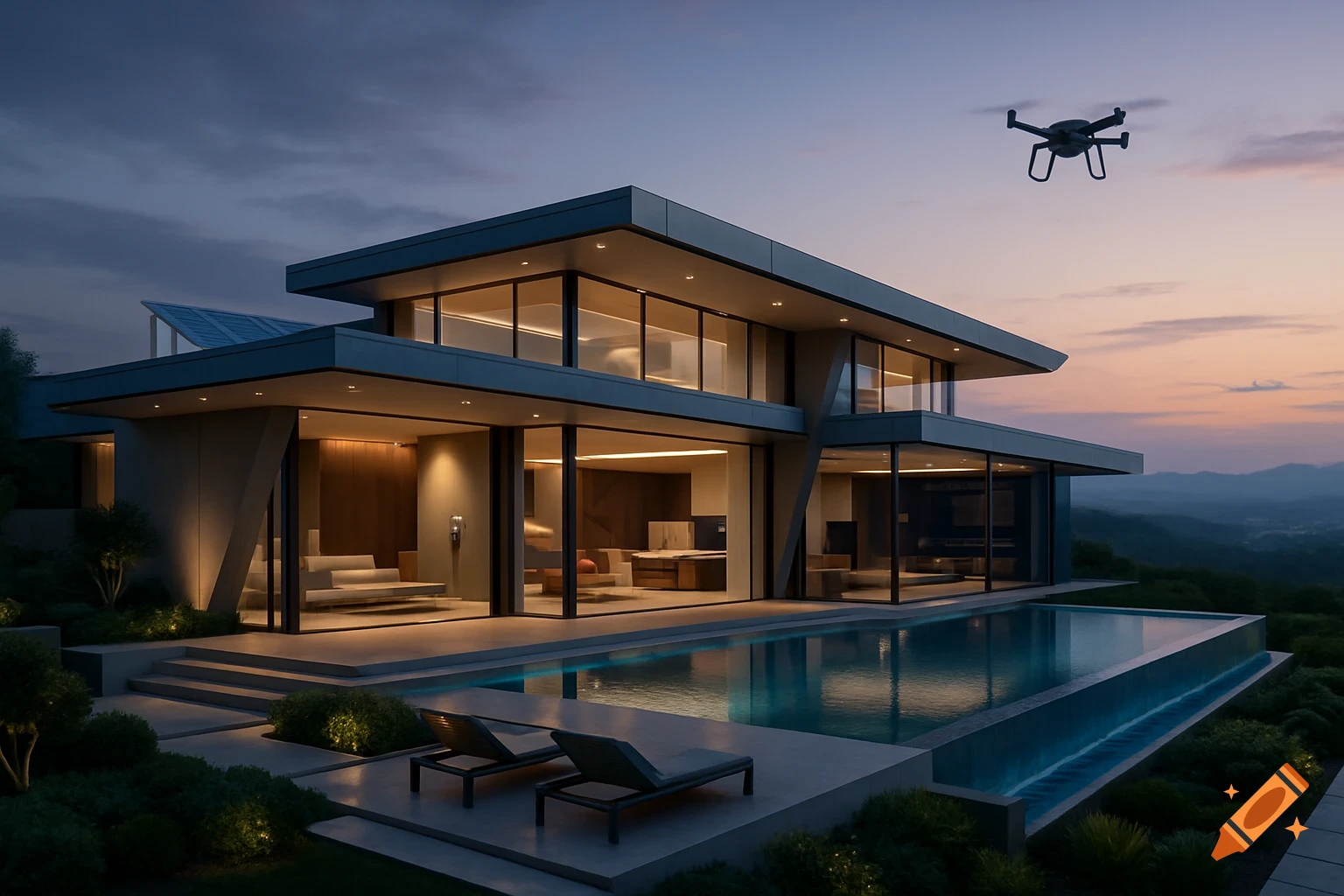 Modern luxury house with an infinity pool at dusk, a drone flying above a mountain landscape.