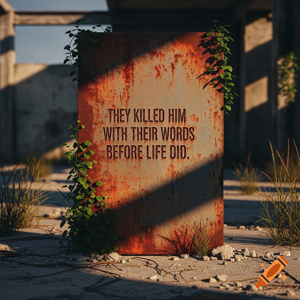 A rusted metal panel with green vines stands amidst rubble under sunlight, bearing the quote "They killed him with their words before life did."