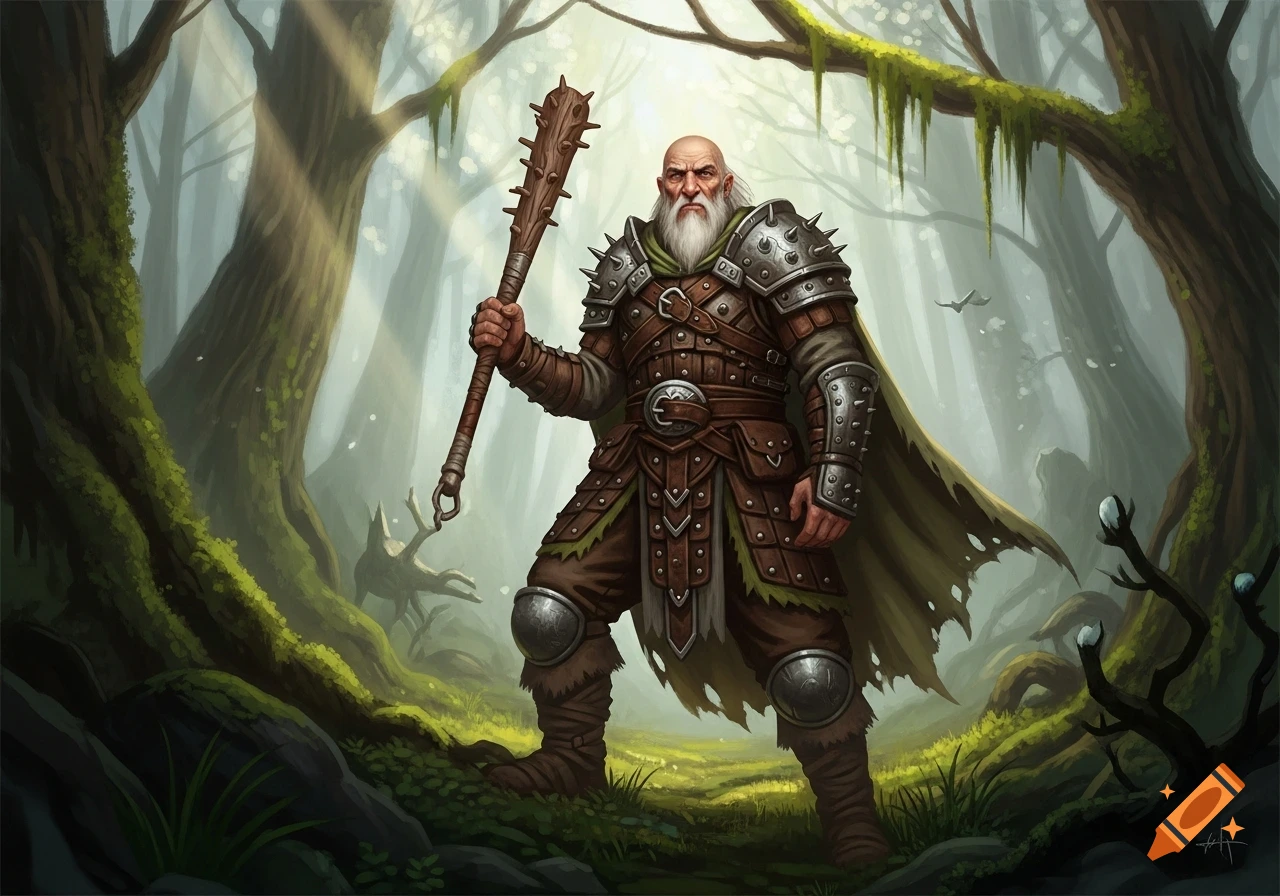 An old ranger with a long white beard and studded leather armor stands in a mystical forest, holding a spiked club.