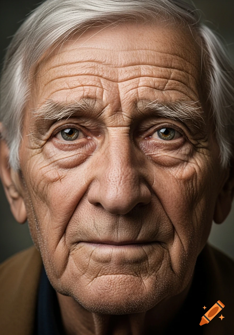 Close-up photorealistic portrait of an elderly man with gray hair and deep wrinkles, looking directly forward.