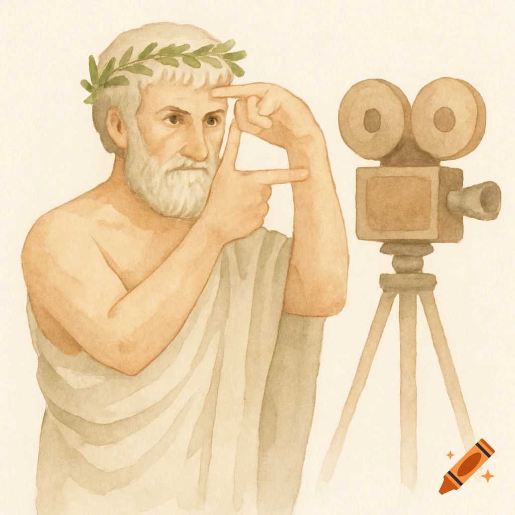 Watercolor painting of a classical philosopher, like Aristotle, in a toga and laurel wreath, framing a shot with his hands beside an old film camera on a tripod.