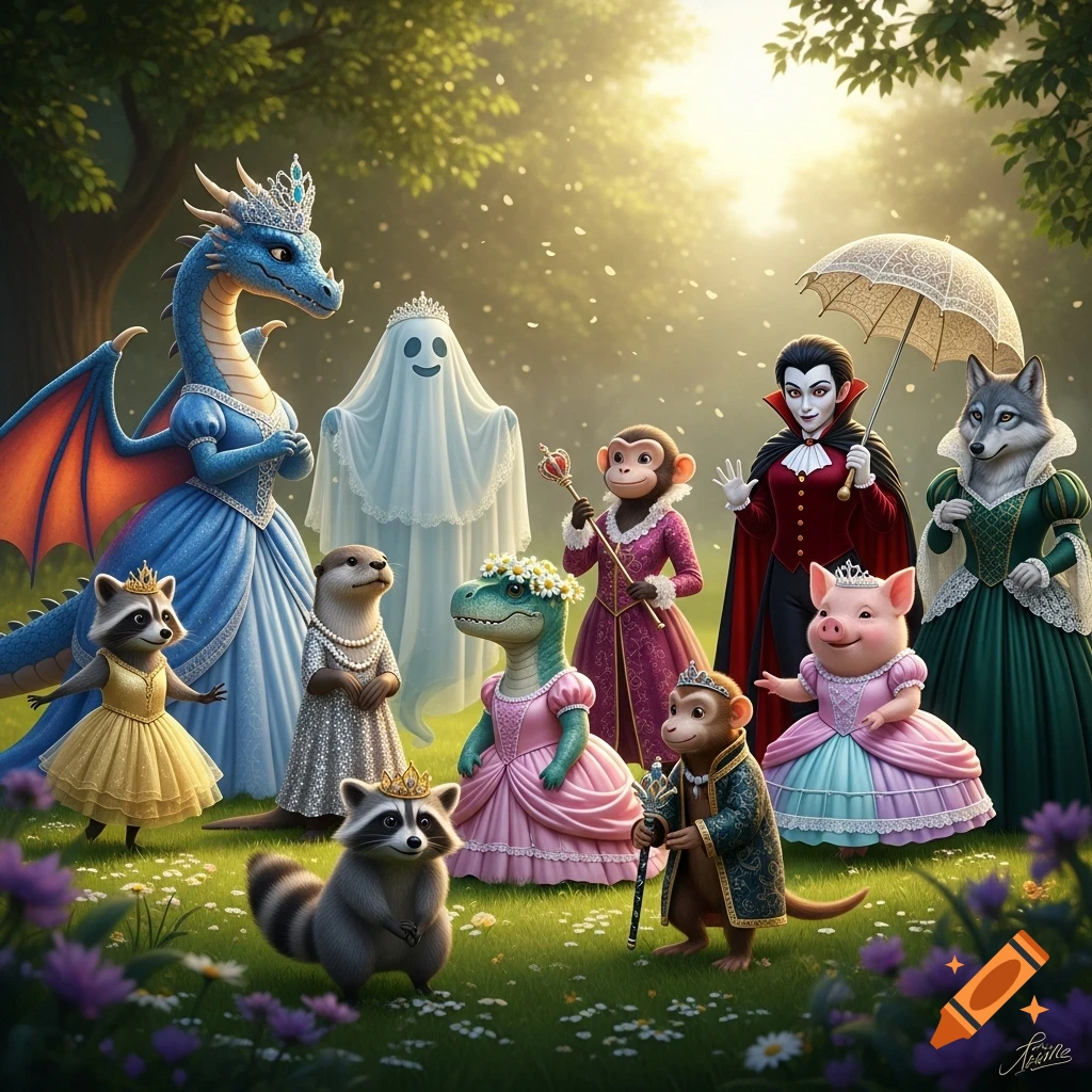 A whimsical gathering of various animals and creatures, including a dragon, ghost, raccoons, otter, dinosaur, monkeys, pig, wolf, and vampire, all dressed in elaborate princess or regal attire in a sunny, enchanted forest clearing.