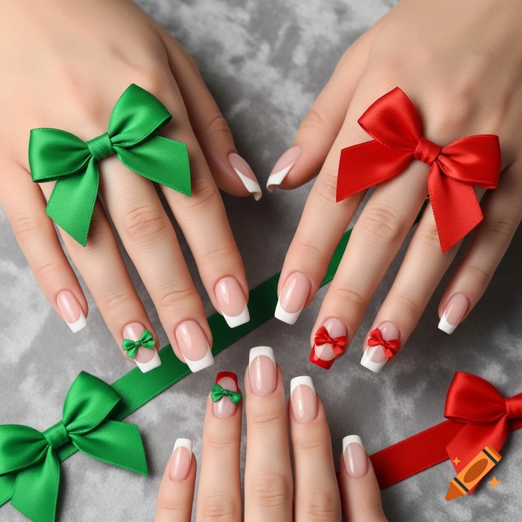 Close-up of manicured hands with white French tips, some adorned with small red and green bows, and larger bows on a grey surface.