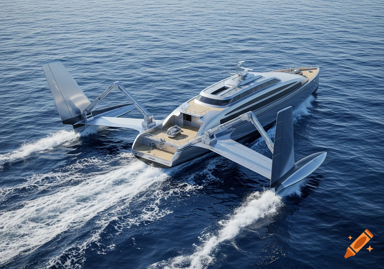 A futuristic silver yacht with large wing-like pontoons and a small submersible on deck, cruising through blue ocean water.