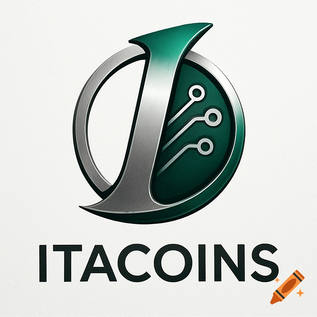A metallic silver and green stylized 'I' logo with circuit board lines inside a circle, above the word 'ITACOINS'.