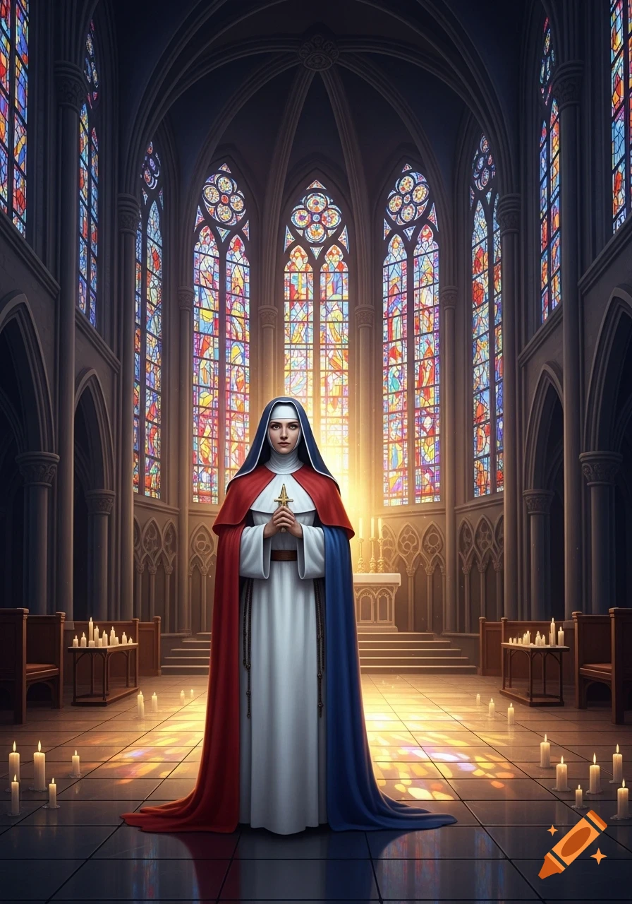 A nun in a white habit with a red and blue cloak stands in a grand church, holding a cross, illuminated by stained glass.