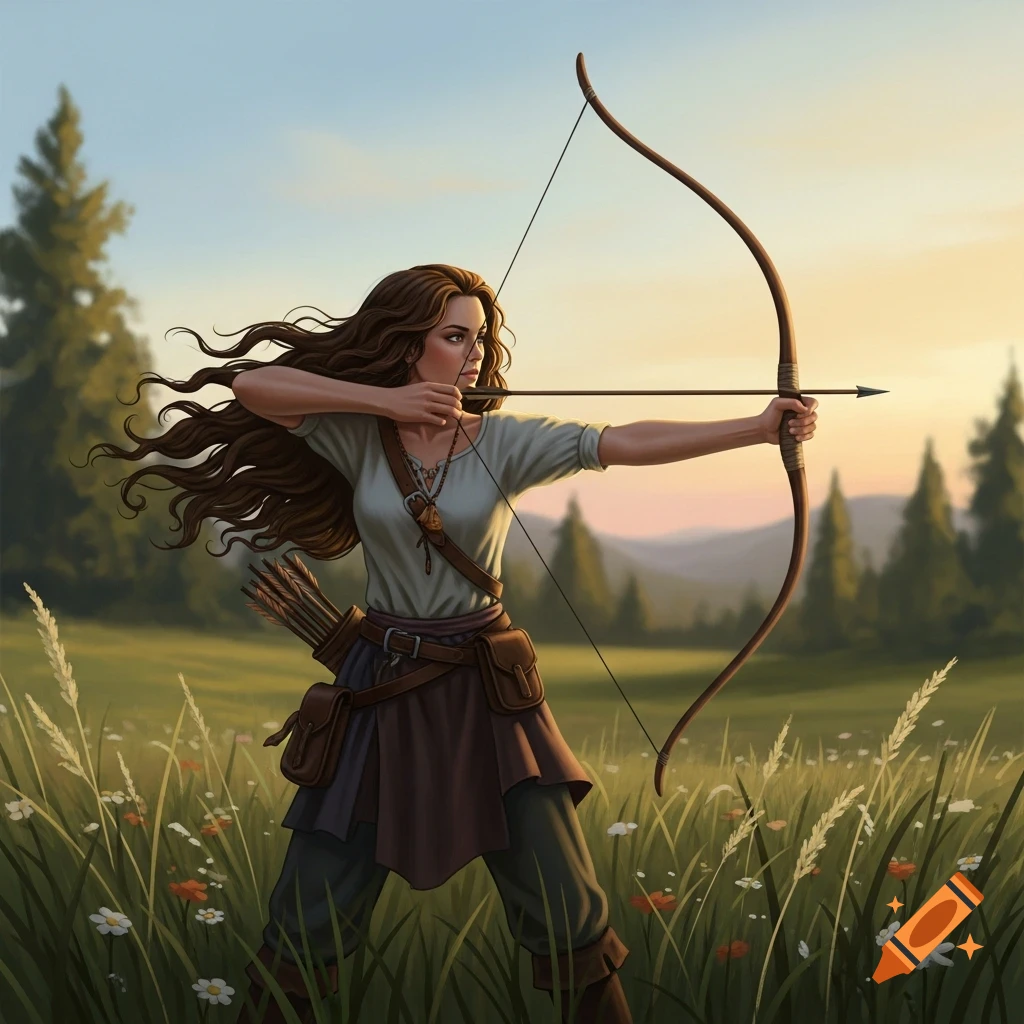 A woman with long wavy hair aims a traditional bow in a grassy field with wildflowers and trees.