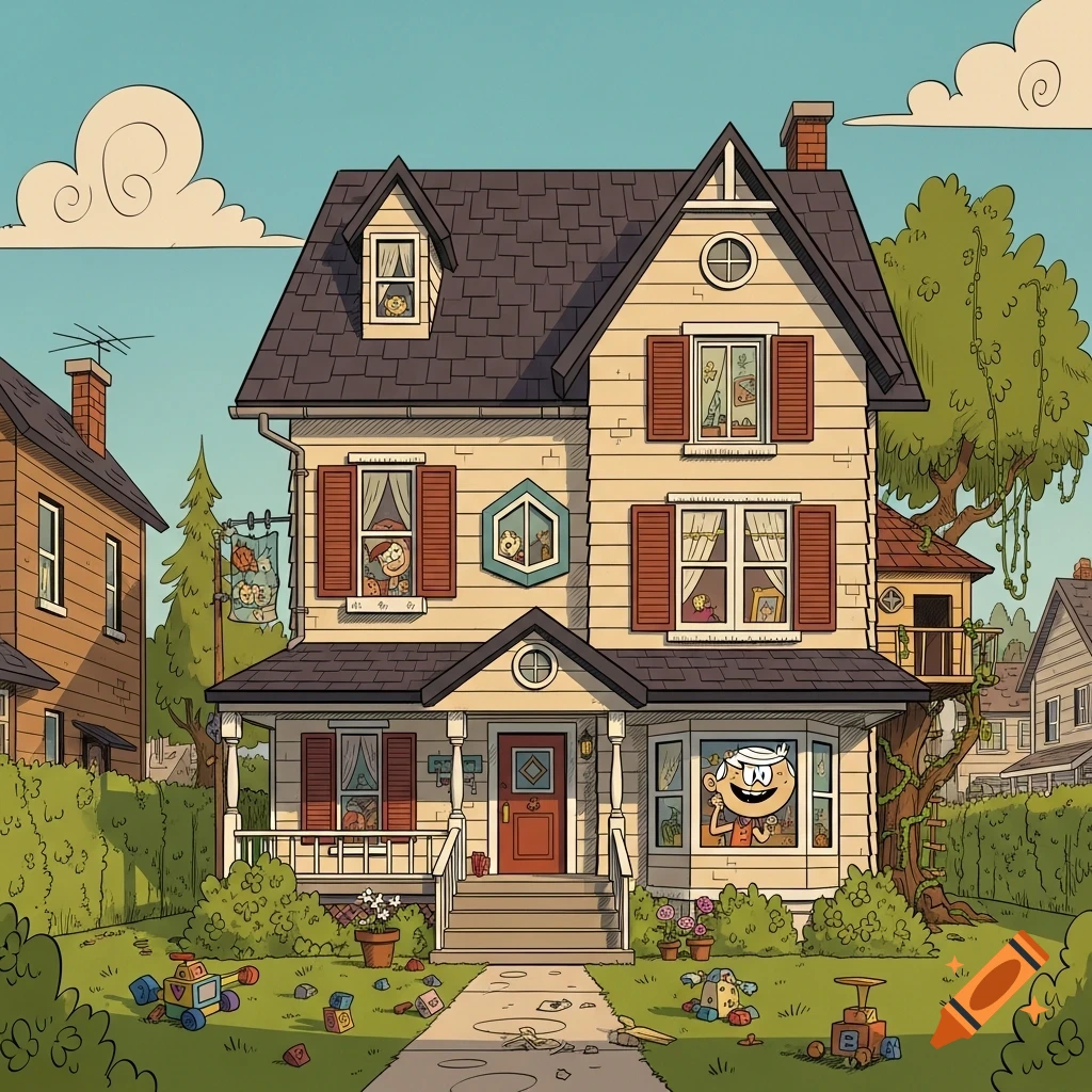A cartoon house resembling The Loud House, with several characters peeking out of windows and toys scattered on the front lawn.