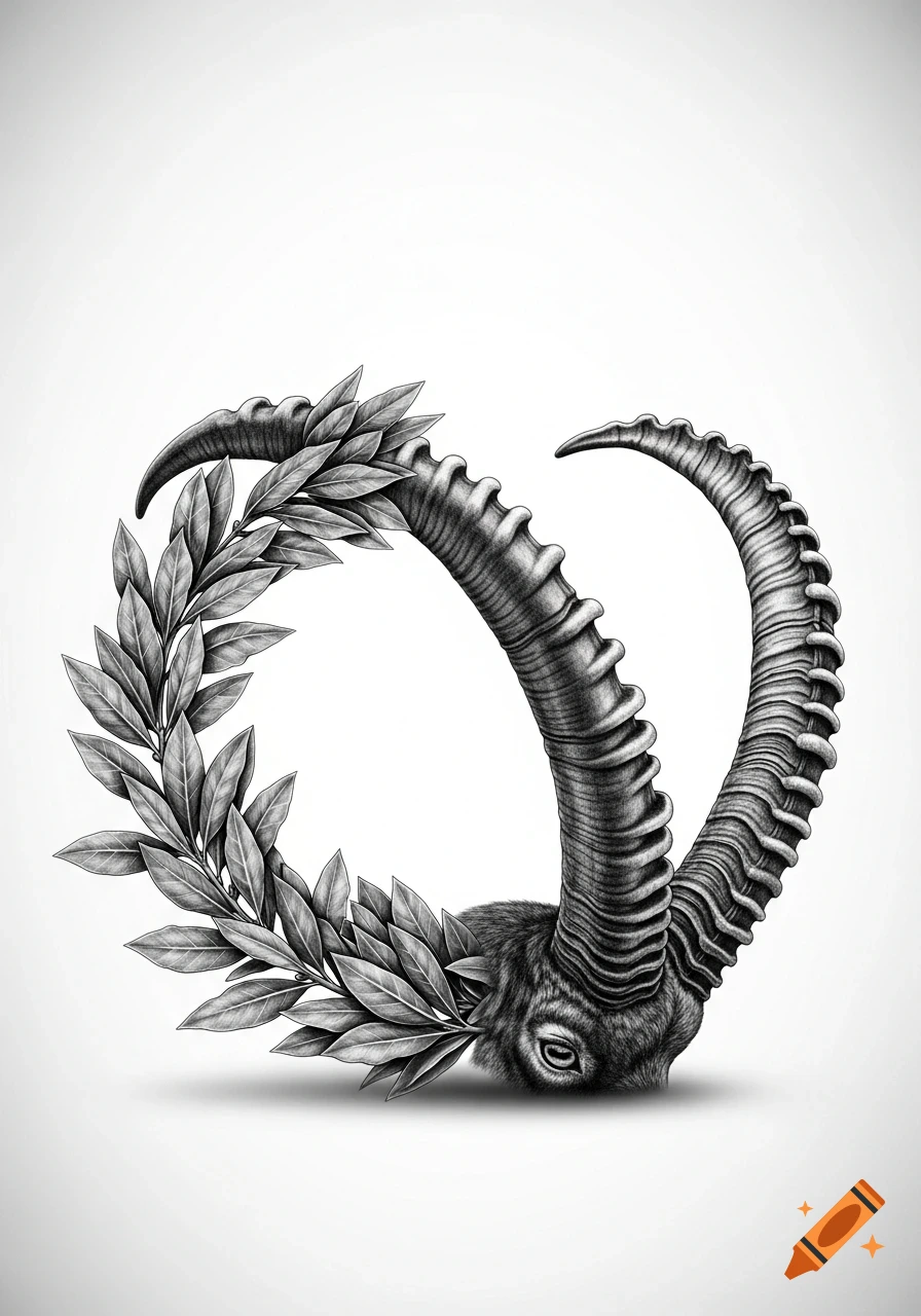 Black and white tattoo art of a mountain goat's head, its long horns interwoven with a detailed laurel wreath.