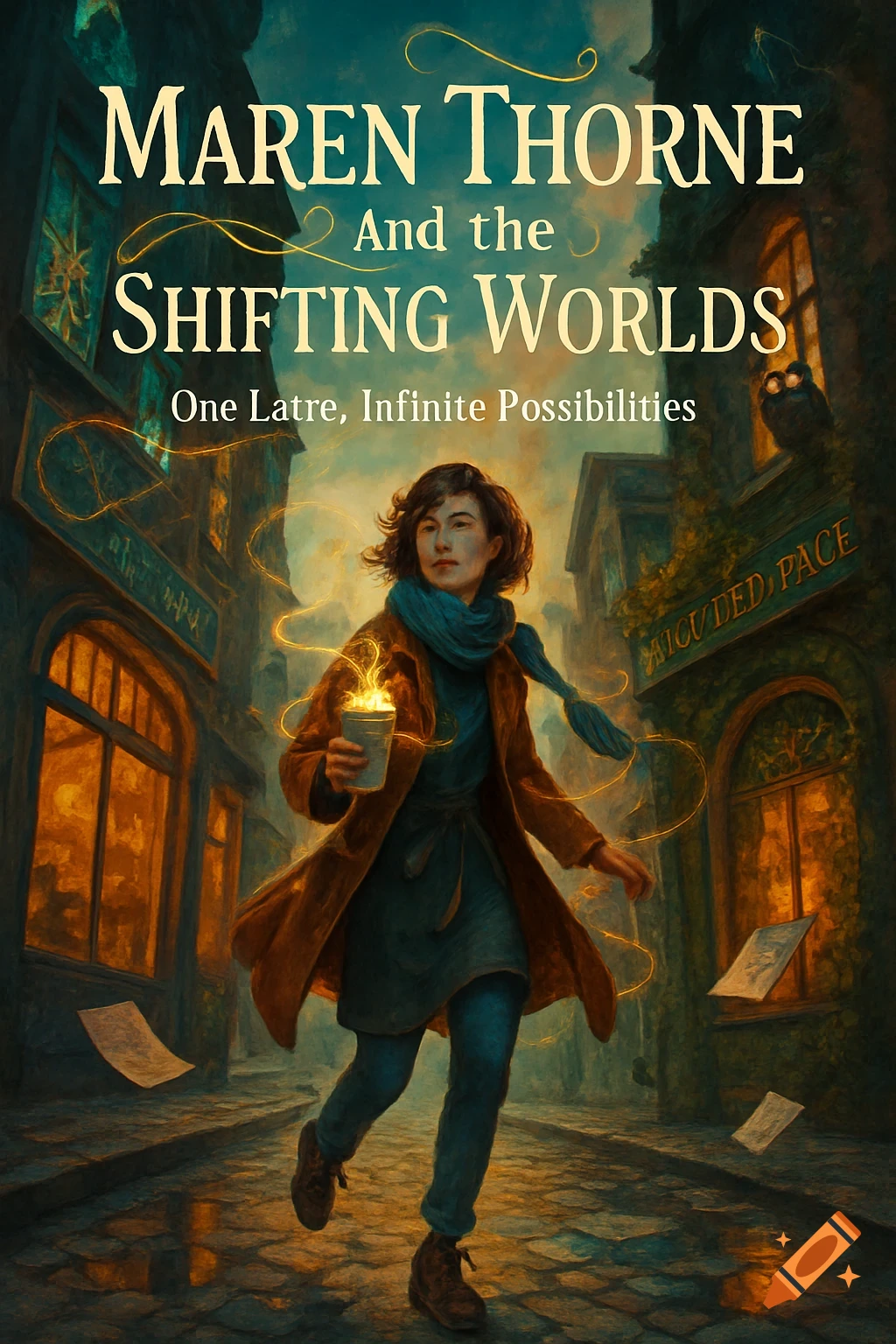 A whimsical urban fantasy book cover featuring a young woman with a glowing latte on a magical city street at dusk, with text reading "Maren Thorne and the Shifting Worlds."