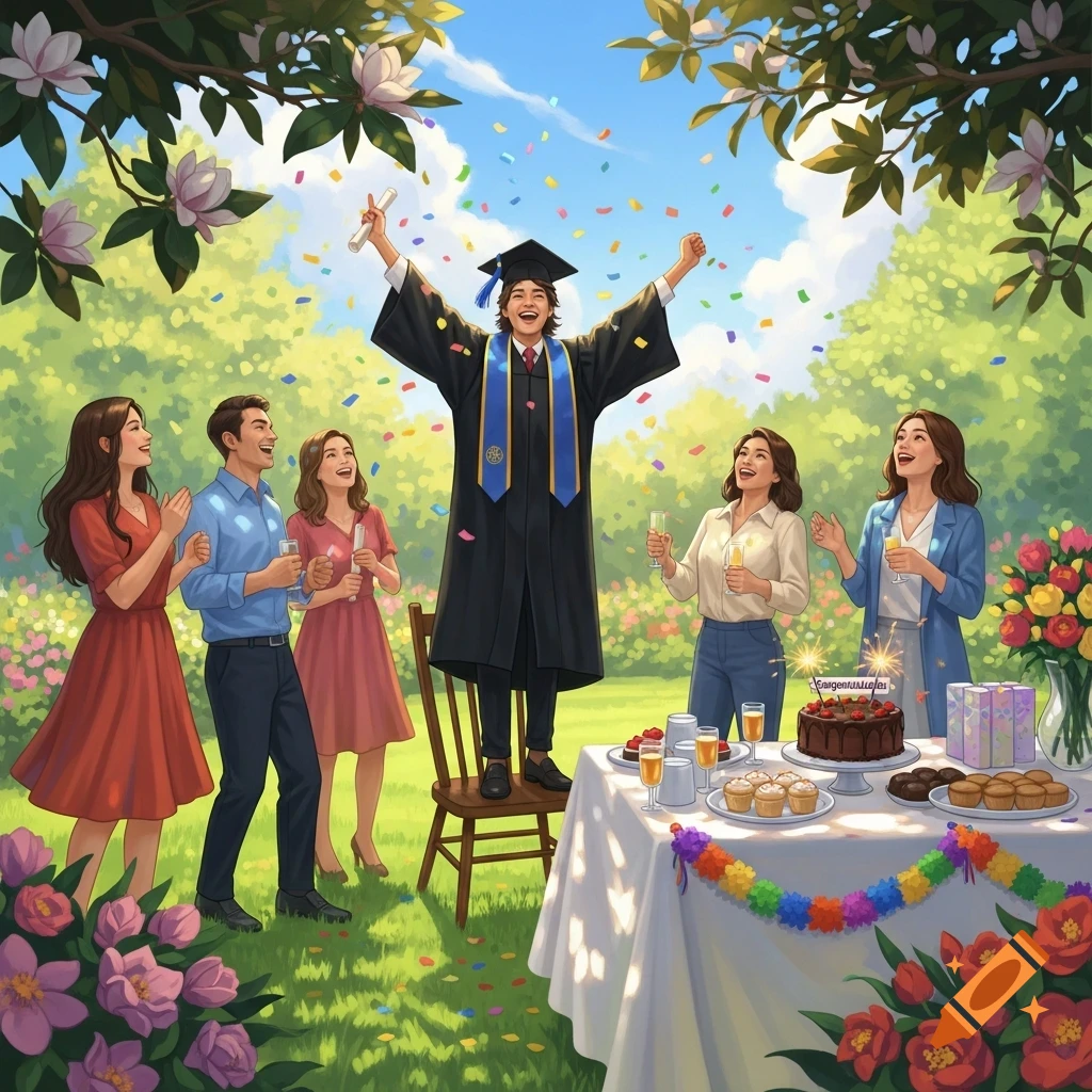 A diverse group of people celebrate a graduate in a cap and gown, standing on a chair with arms raised as confetti falls. A table with cake and treats is nearby in a garden setting, cartoon style.