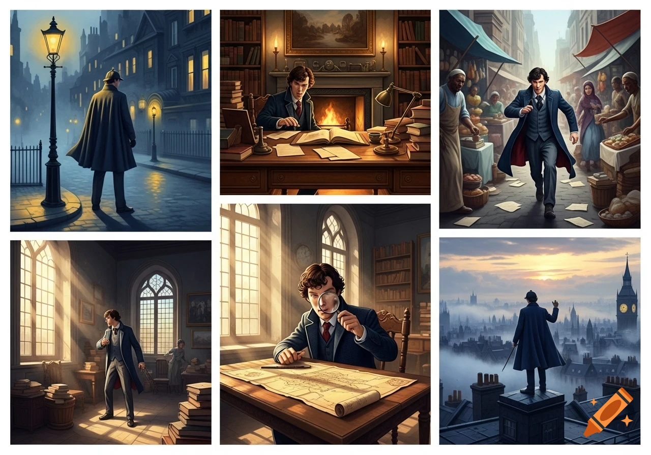 A collage of six images featuring a Sherlock Holmes-like figure in various Victorian London settings: on a misty street, in a study, running through a market, in a sunlit room with books, examining a map, and on a rooftop overlooking a city at sunset.